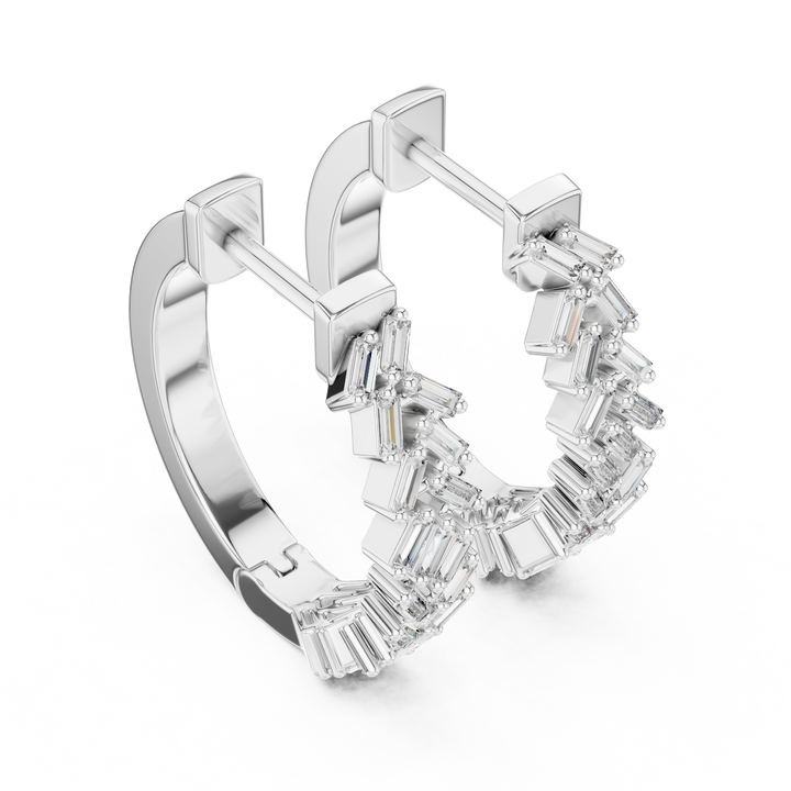 Elegant White Gold Hoop Earrings with Baguette-Cut Crystals in 14-KT White Gold