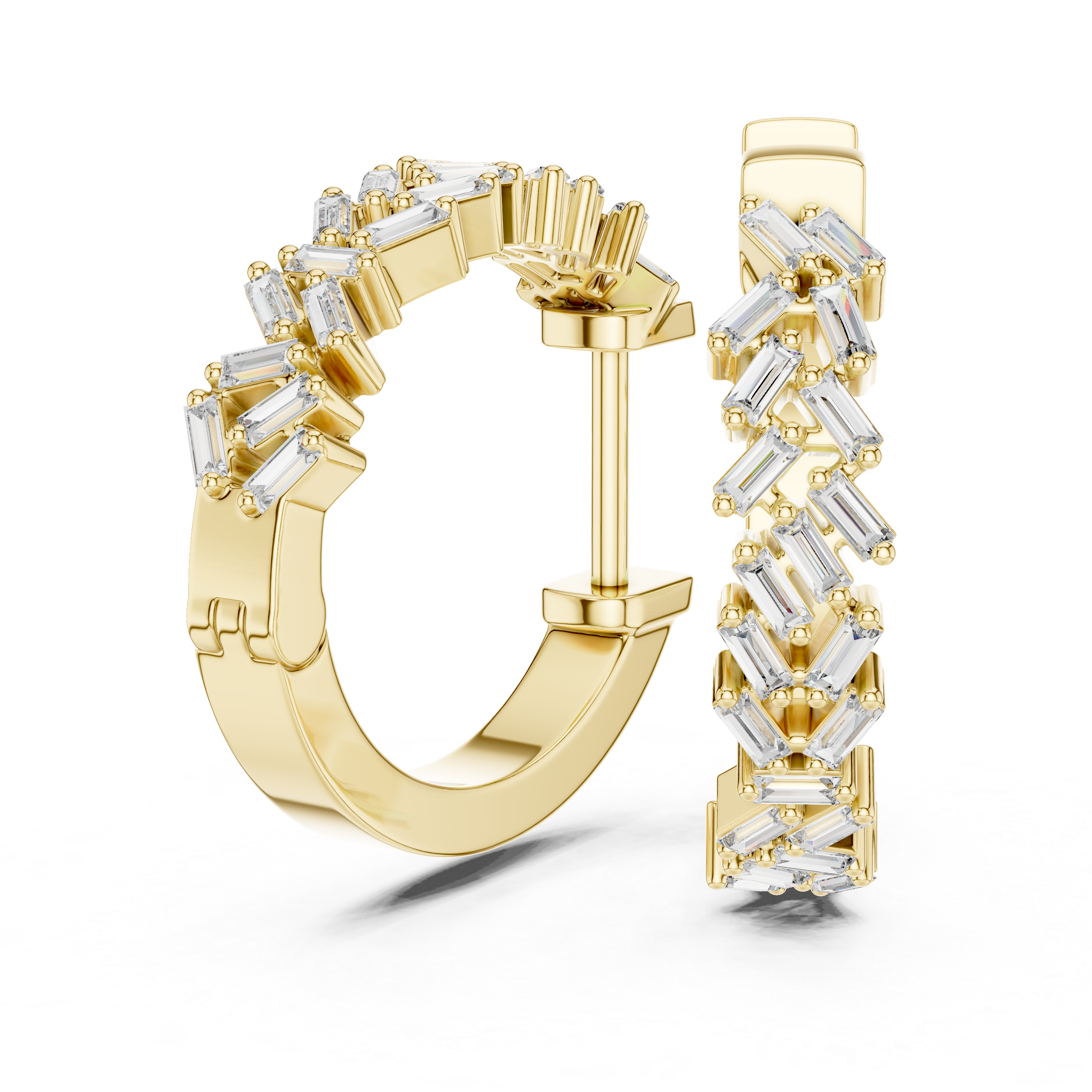 Gold hoop earrings with diamond accents on a white background