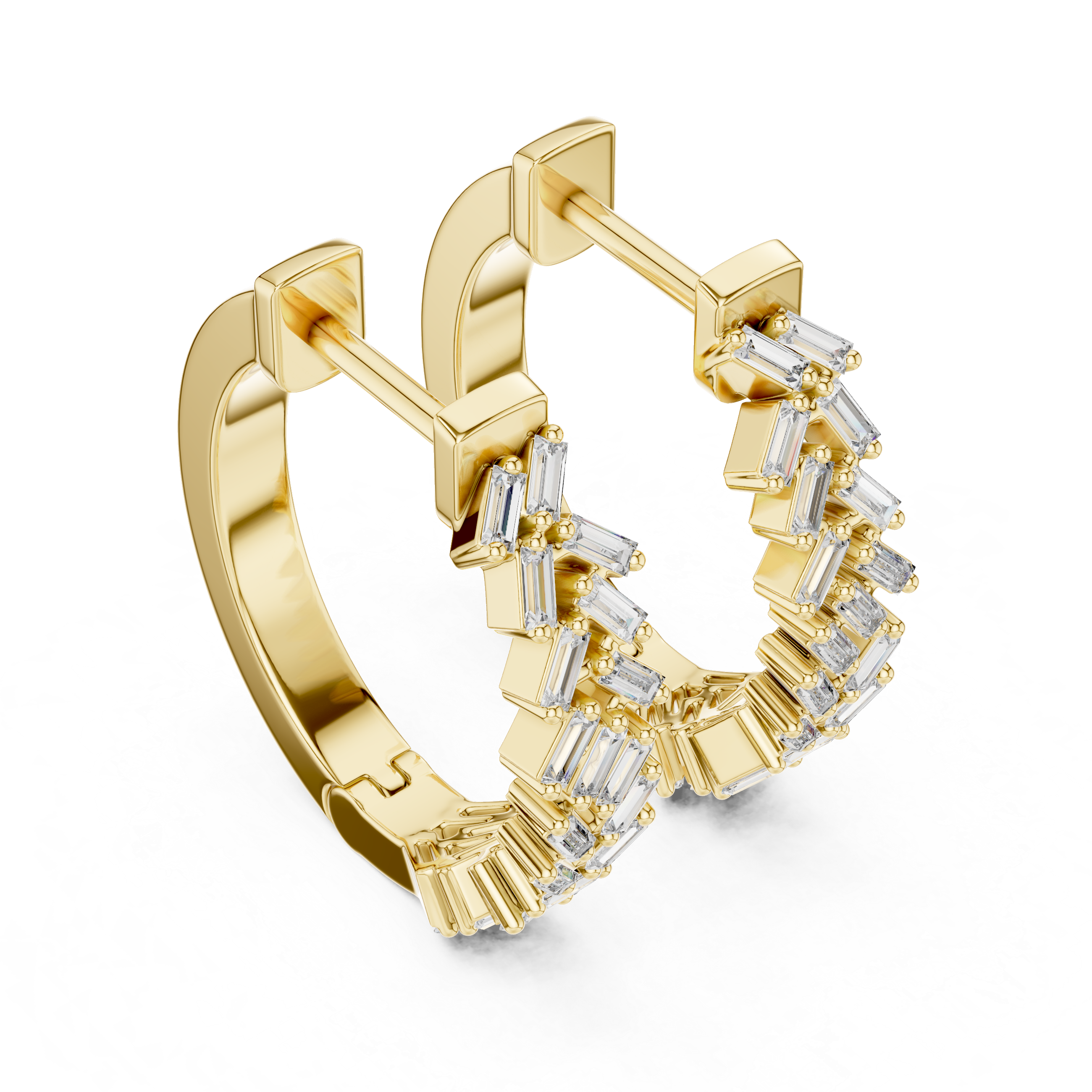 Gold hoop earring with diamond accents on a white background