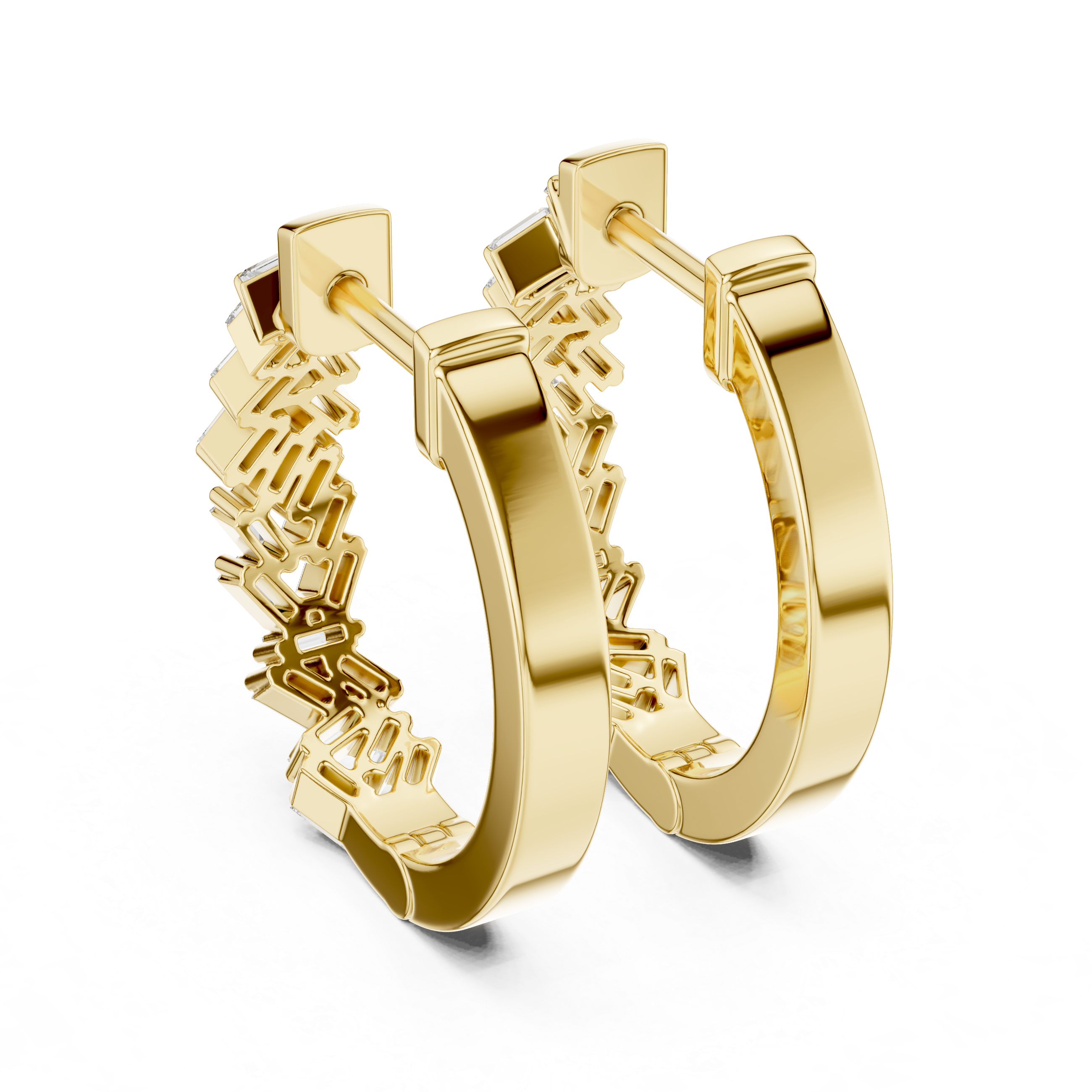 Gold hoop earrings with intricate designs on a white background