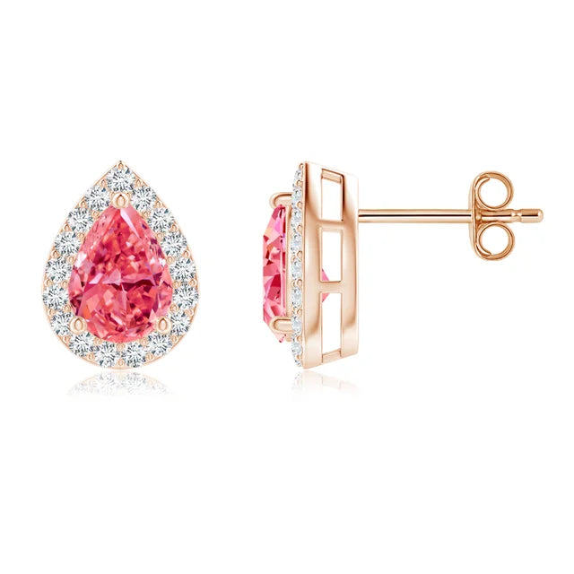 1.42 Tcw Pear-Shaped Lab-Grown Fancy Pink Diamond Halo Stud Earrings