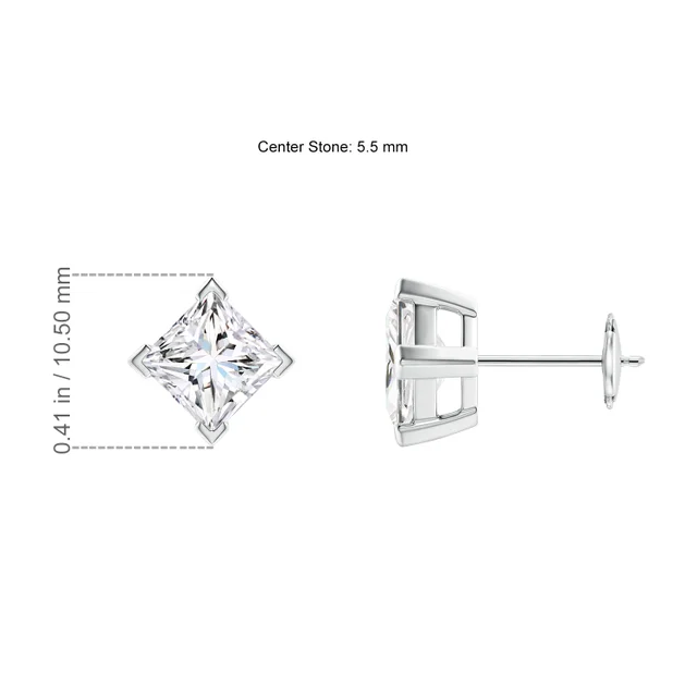 Diamond stud earring with measurements on a white background