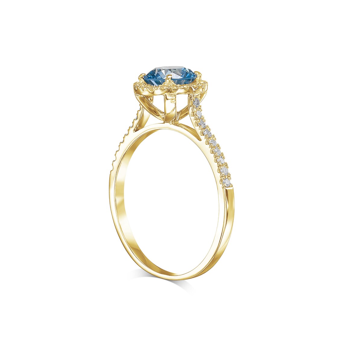 Gold ring with a blue gemstone and diamond accents on a white background