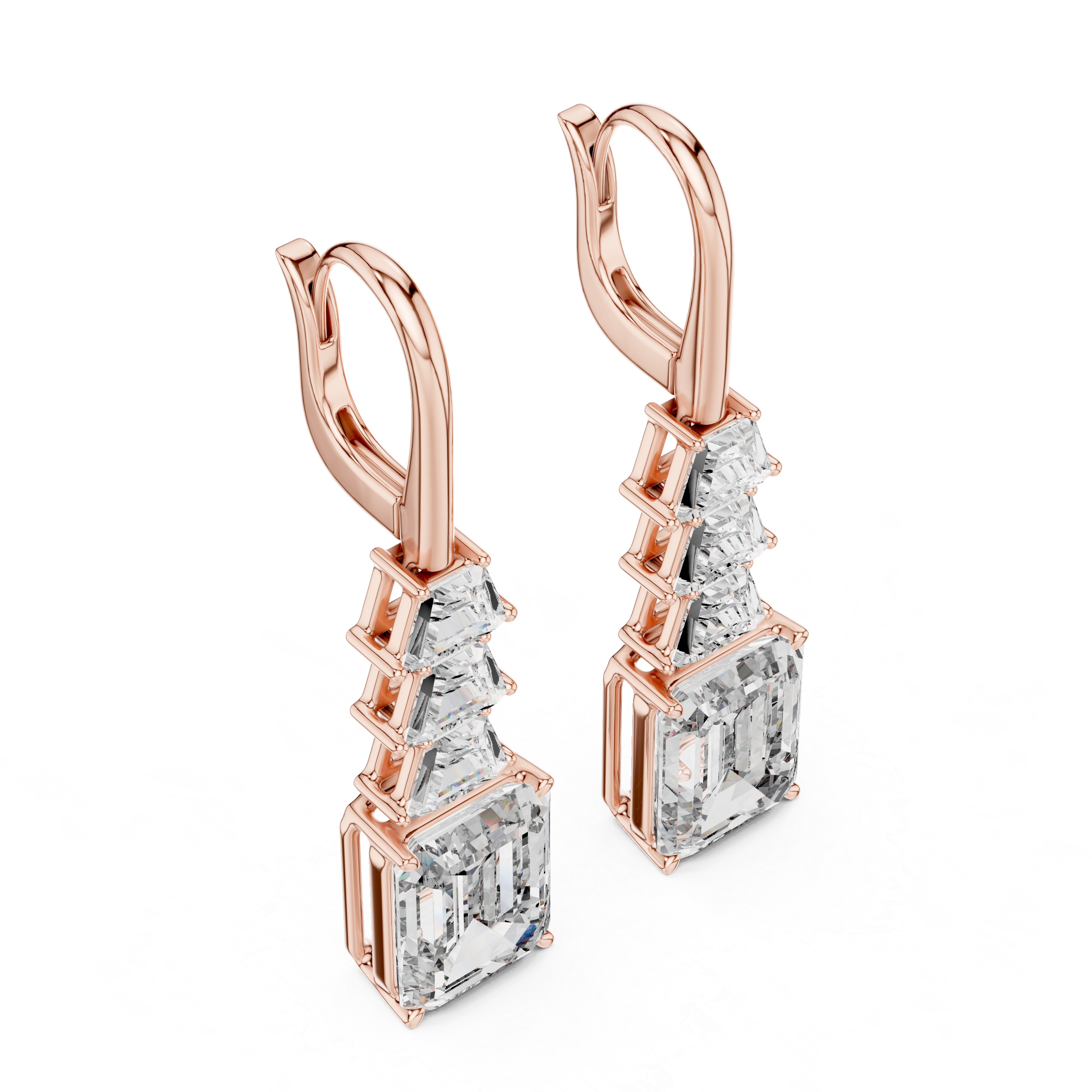 Rose gold earrings with clear gemstones on a white background