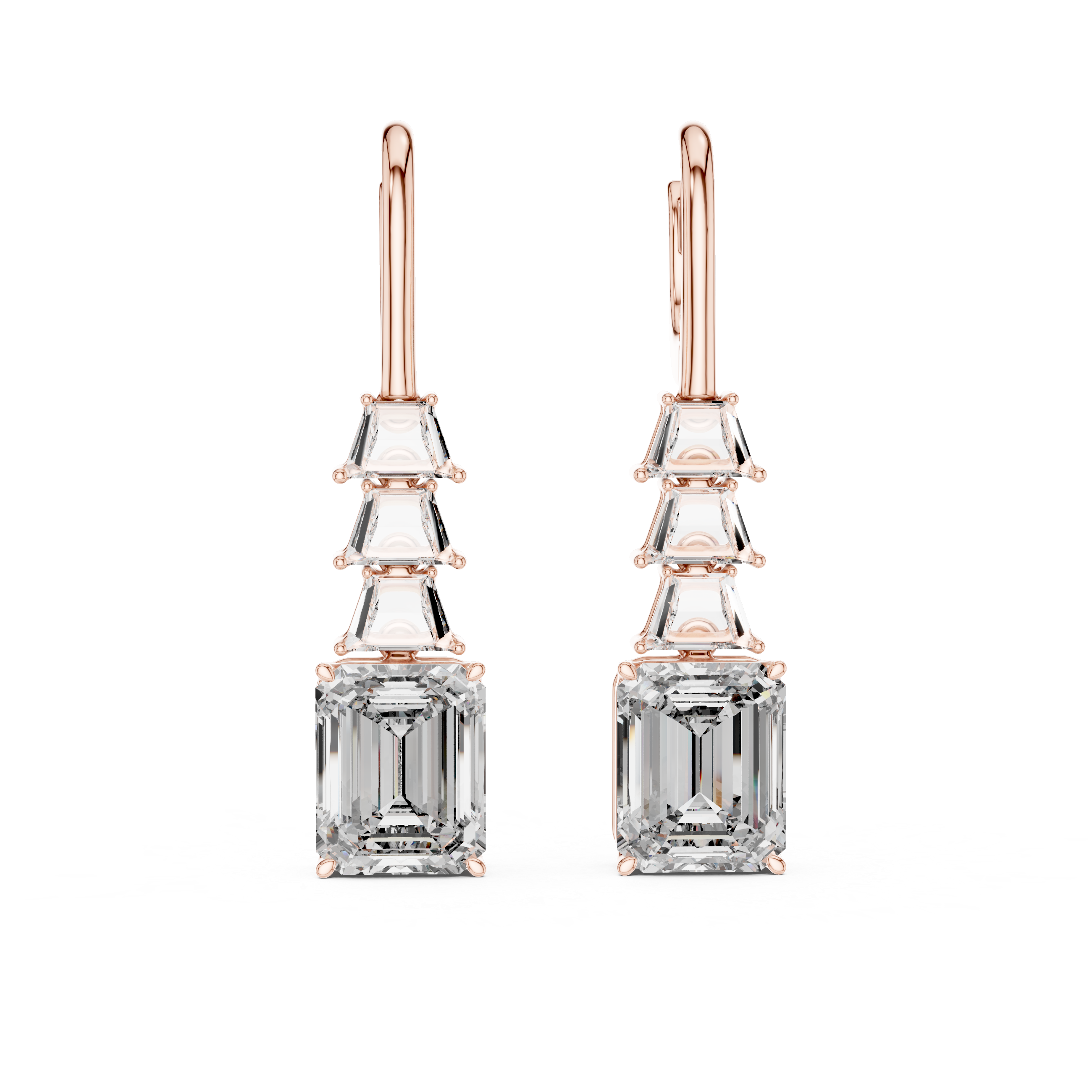 Pair of rose gold and clear gemstone earrings on a white background