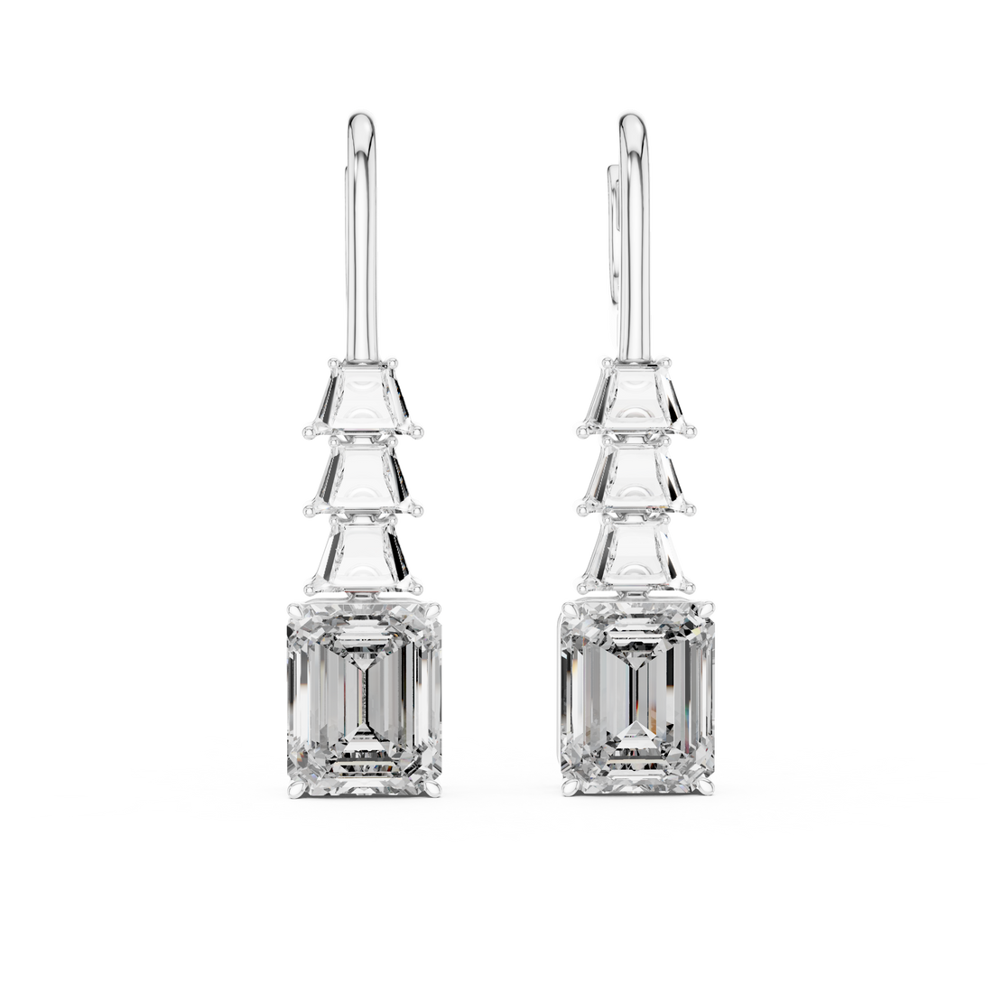 Emerald Trapezoid Cascade Earrings in 14-KT White Gold