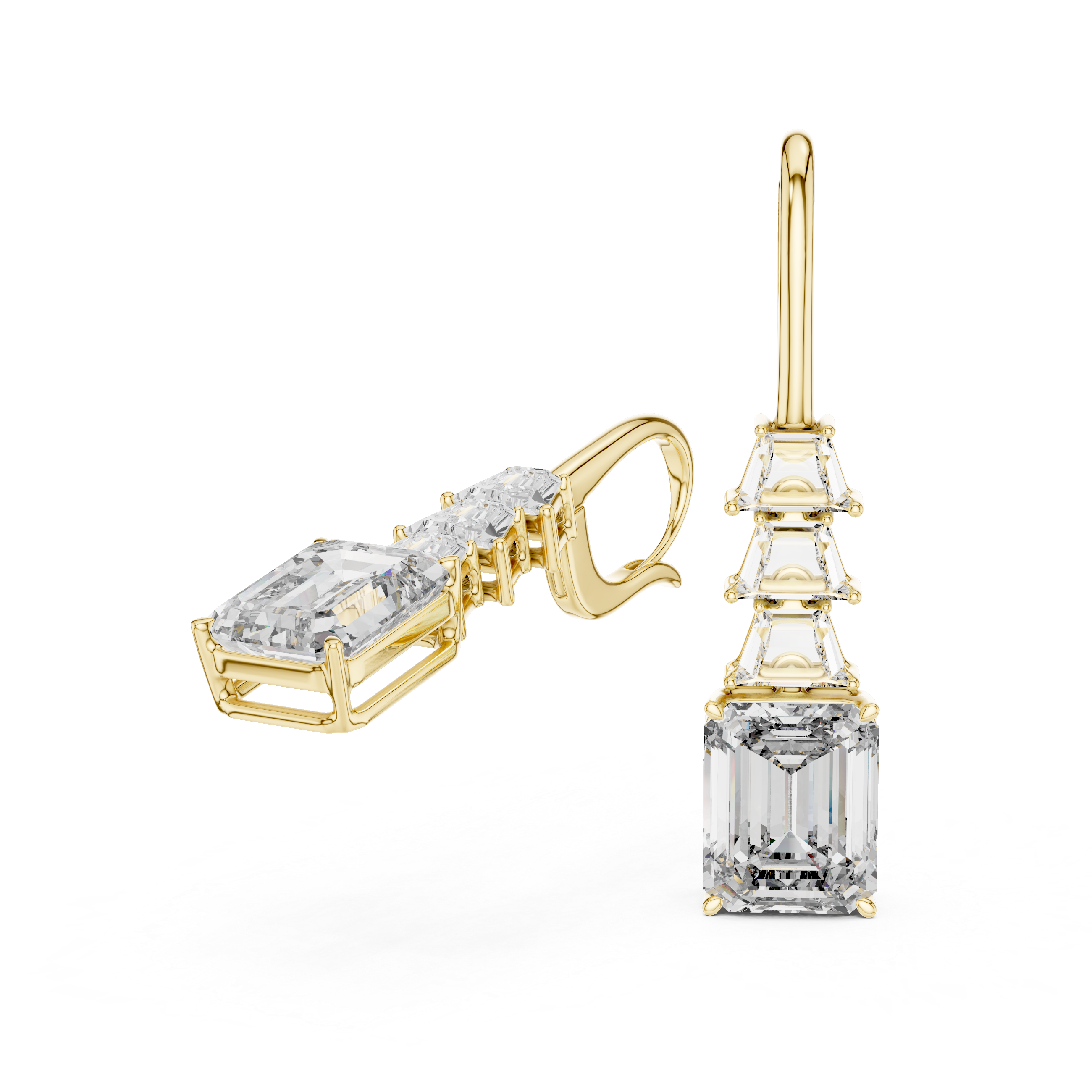 Gold earrings with clear gemstones on a white background