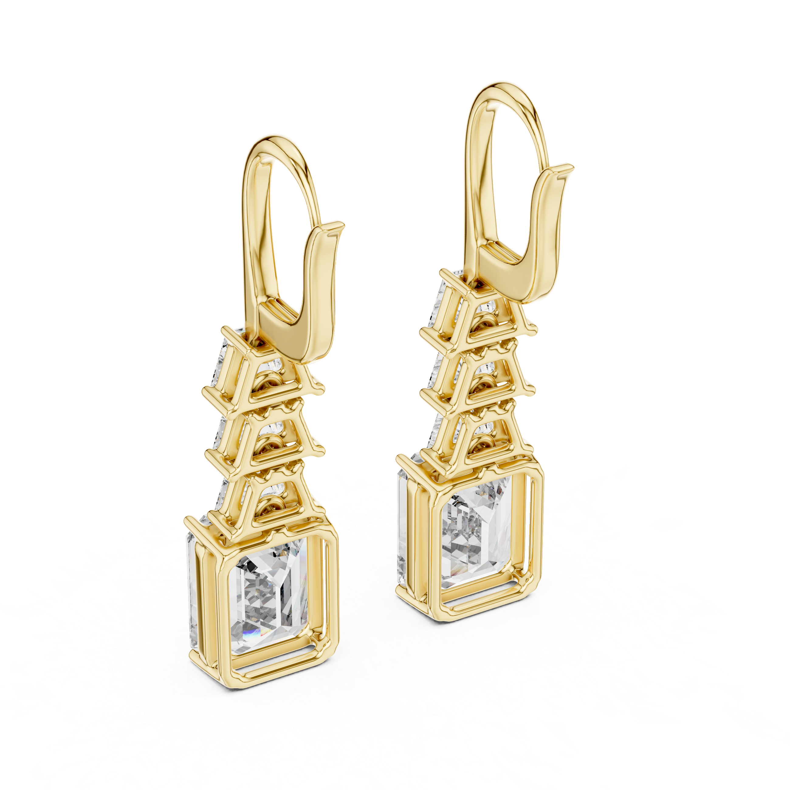Gold earrings with clear gemstones on a white background
