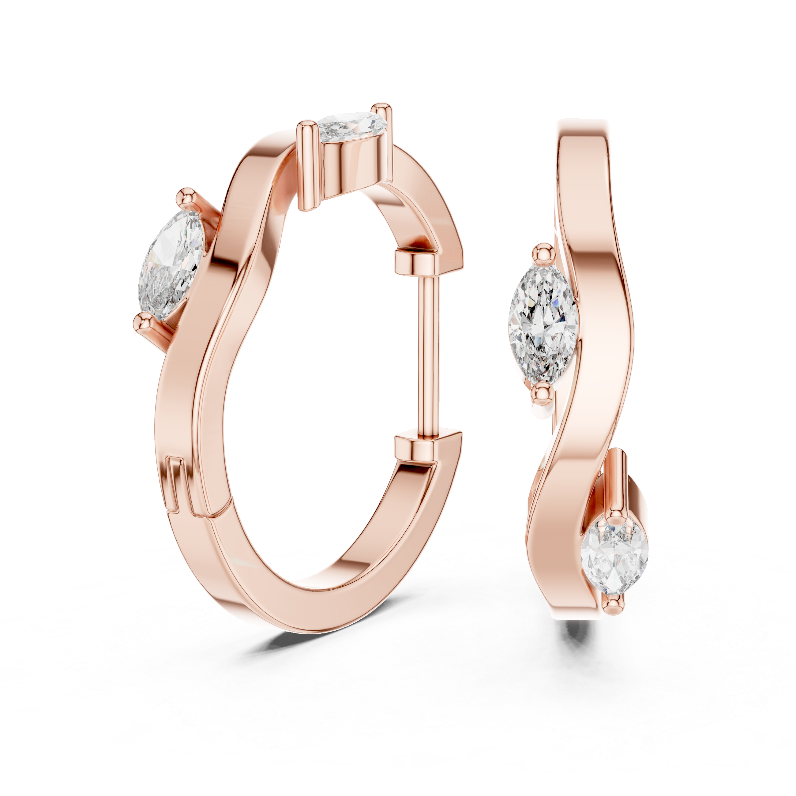 Rose gold hoop earrings with clear gemstones on a white background