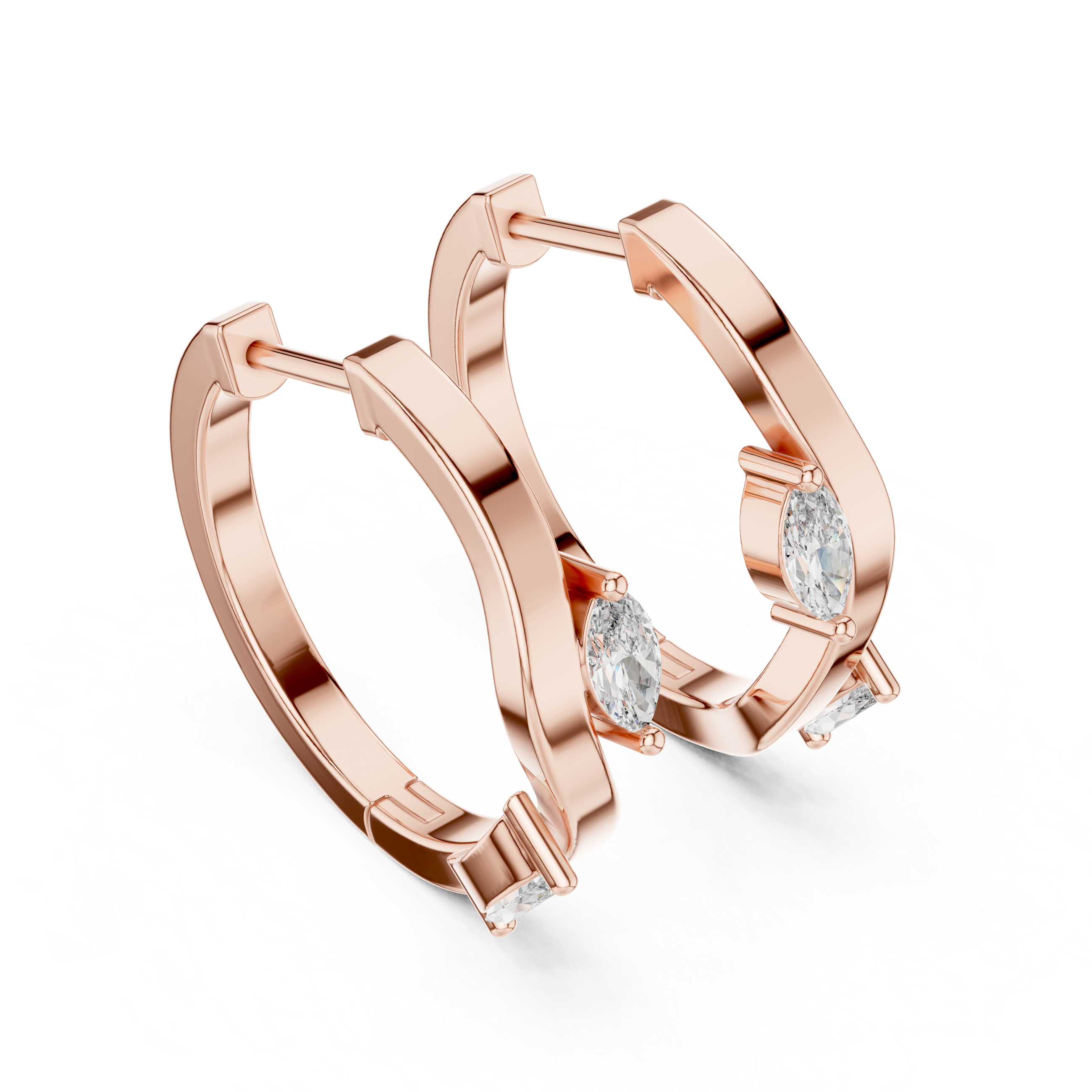Rose gold hoop earrings with embedded diamonds on a white background