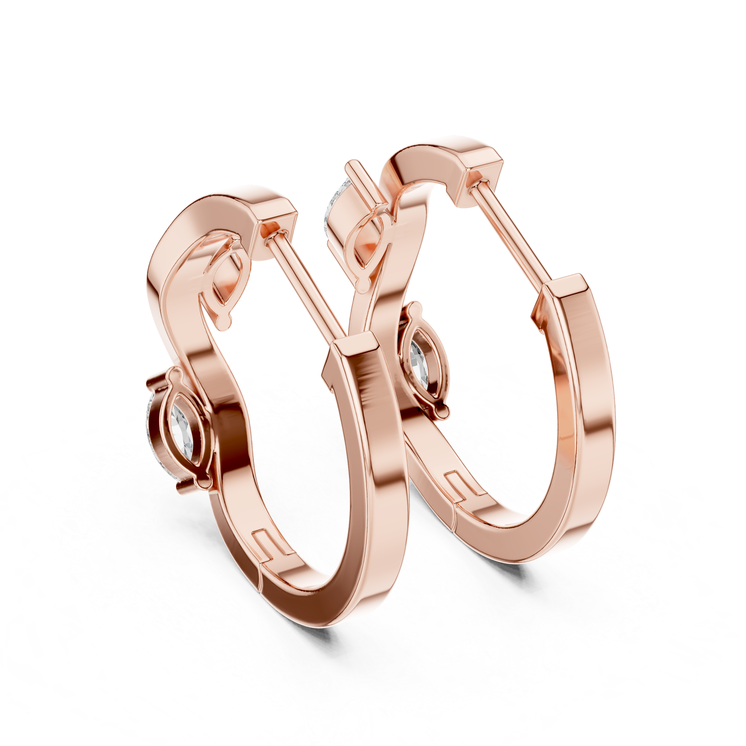 Rose gold hoop earrings with small diamonds on a white background
