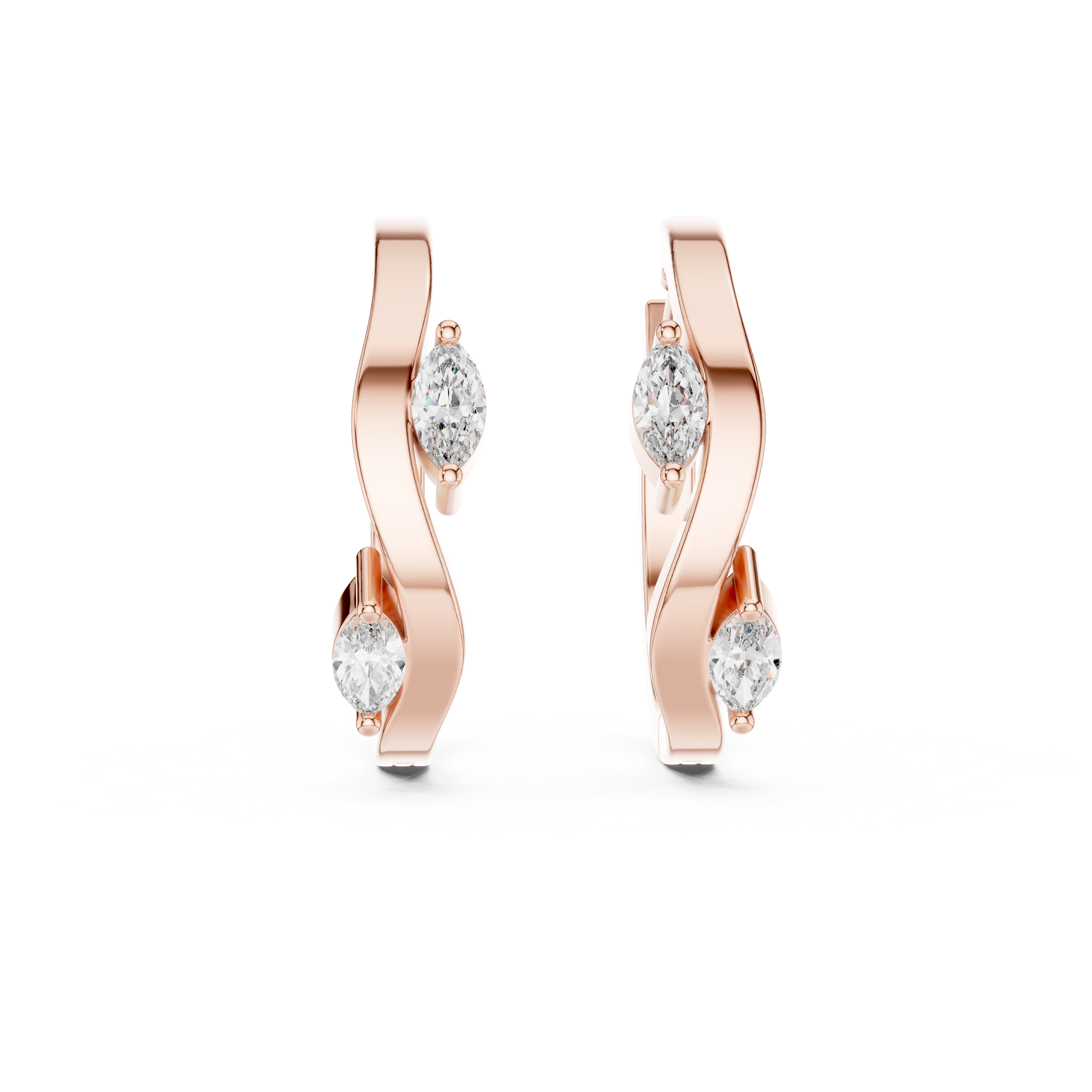 Rose gold earrings with clear gemstones on a white background