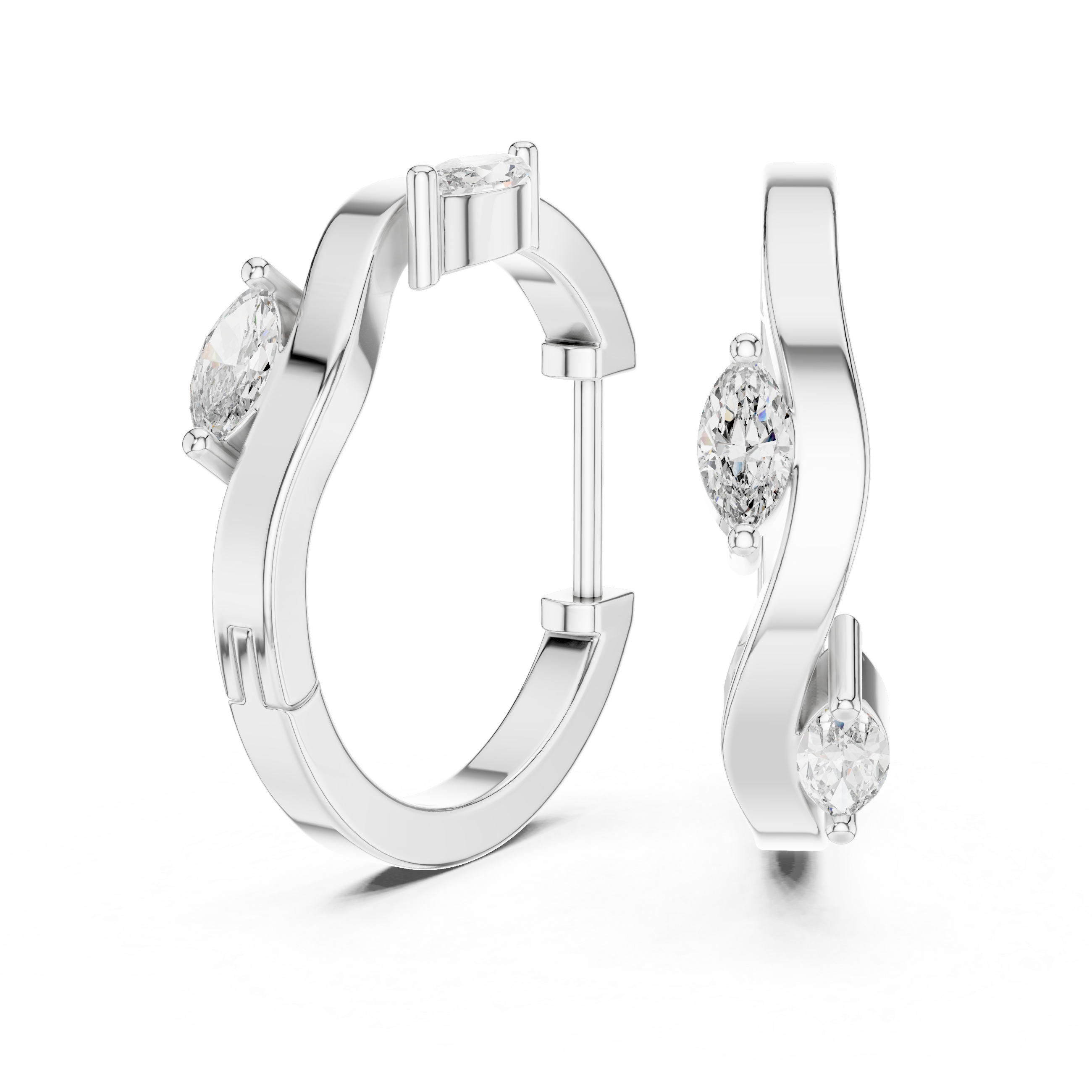 Silver hoop earrings with diamond accents on a white background