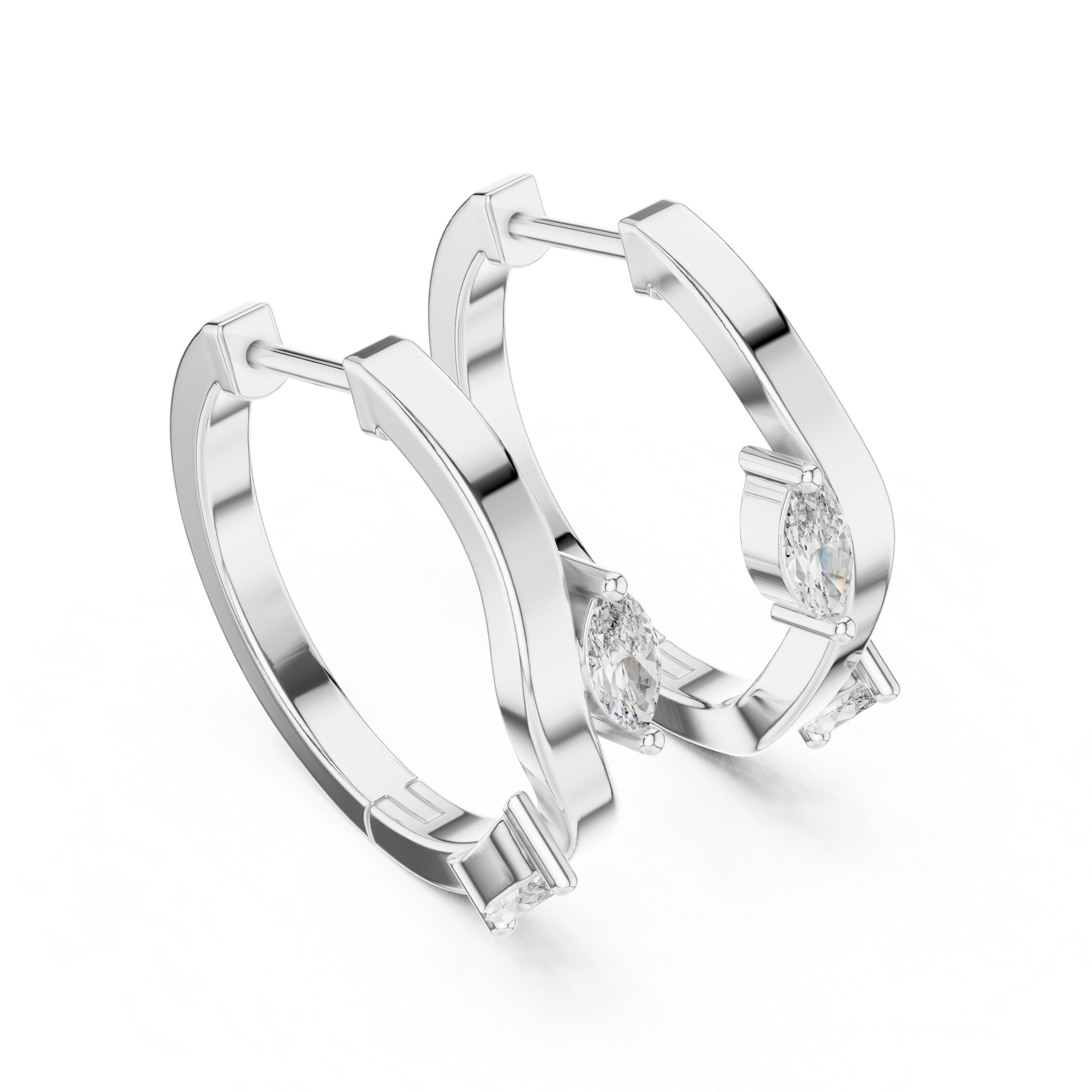 Silver hoop earrings with embedded diamonds on a white background