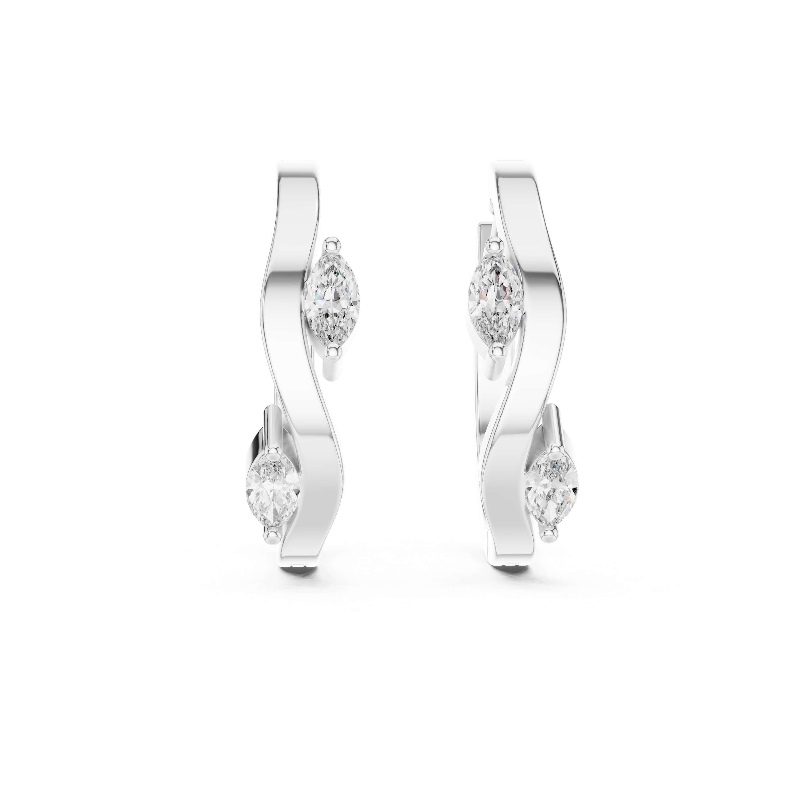 Pair of silver earrings with diamond-like stones on a white background