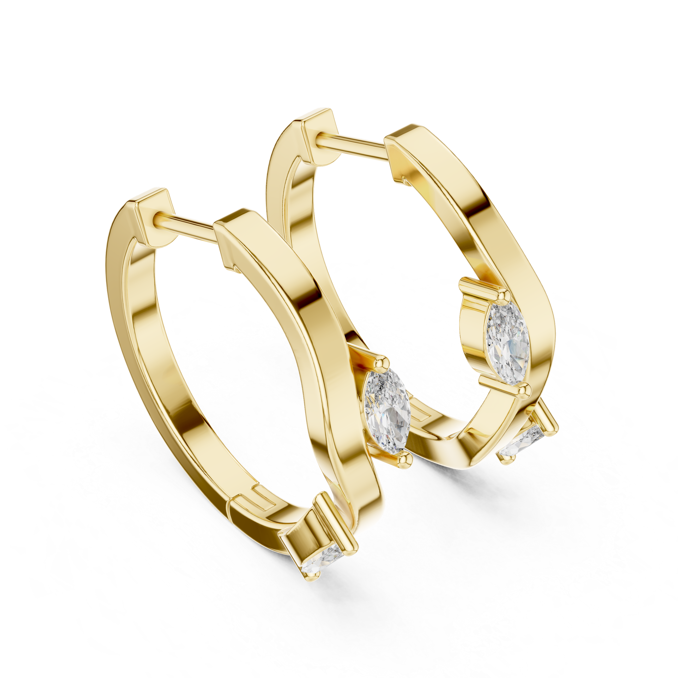 Gold hoop earrings with embedded diamonds on a white background