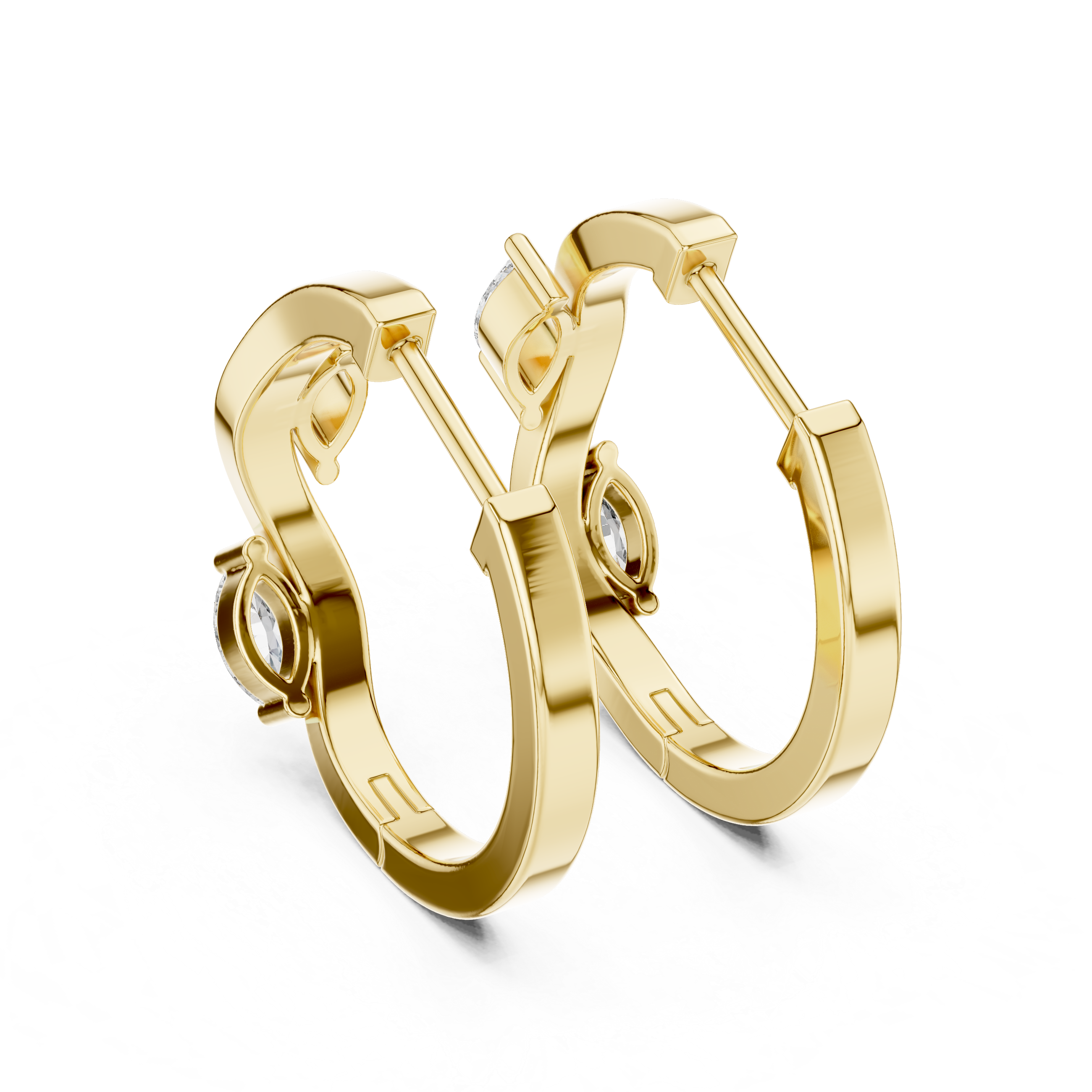 Gold hoop earrings with small diamonds on a white background