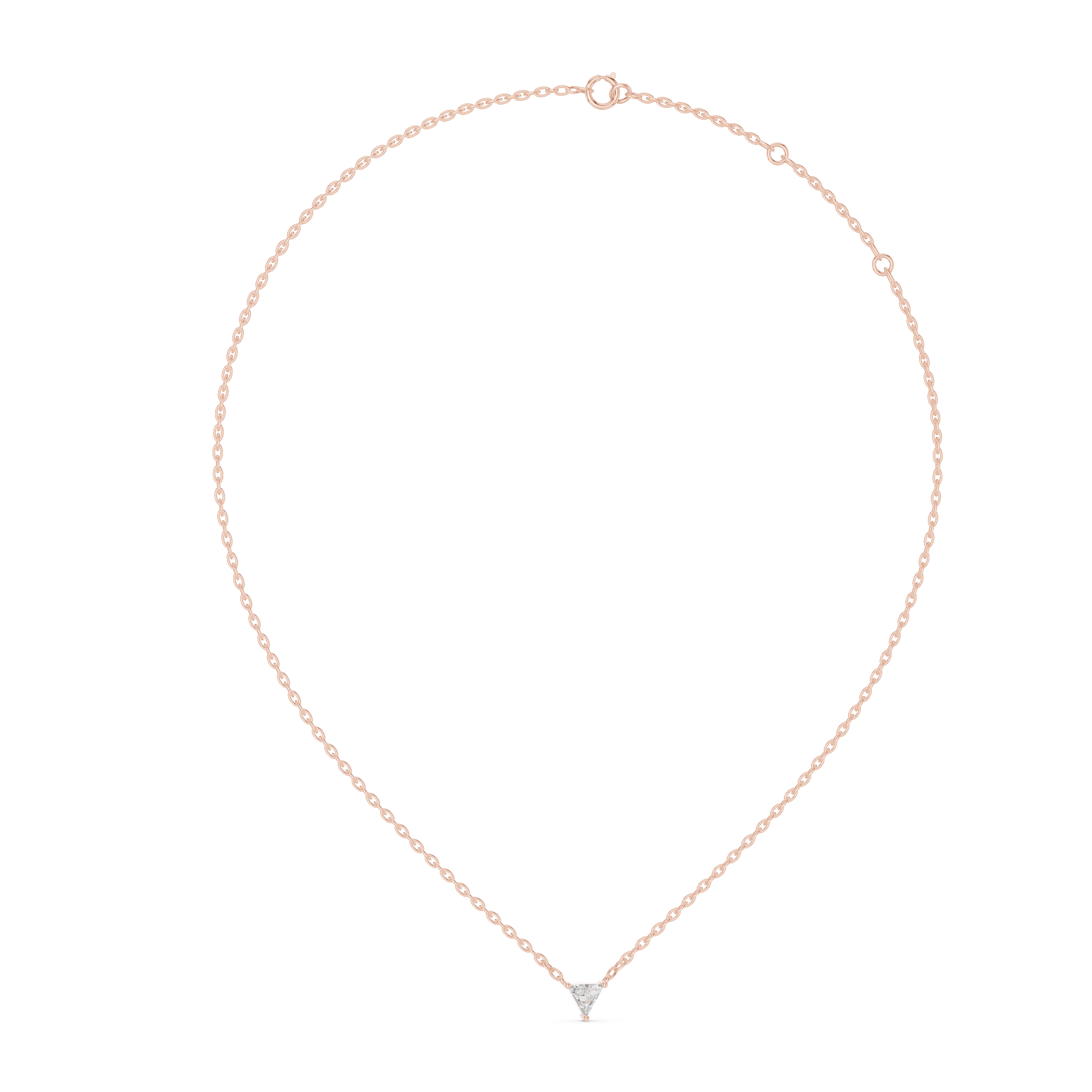 Rose gold necklace with a small diamond pendant on a white background
