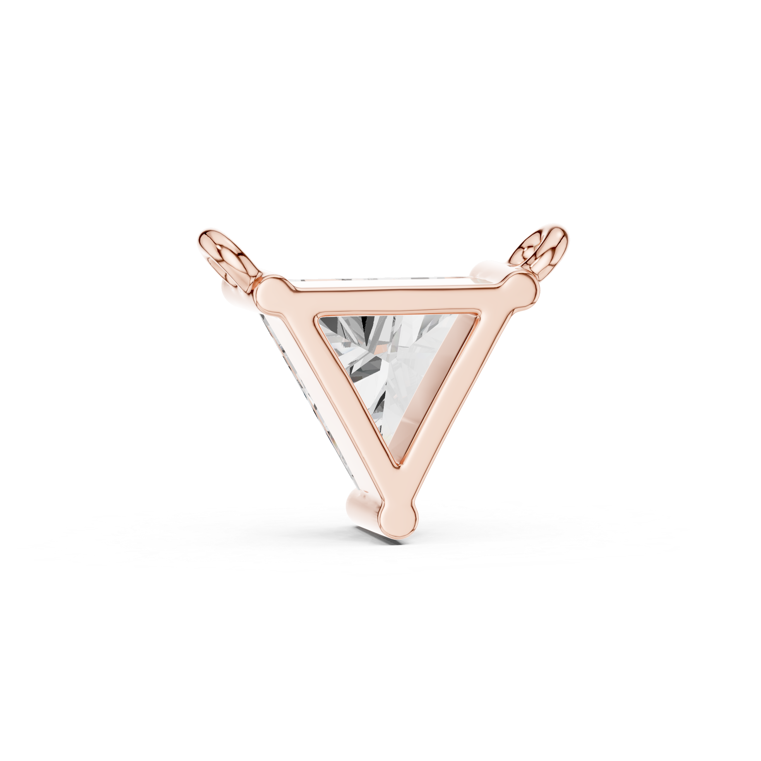 Rose gold triangle-shaped Pendant with a clear gemstone on a white background