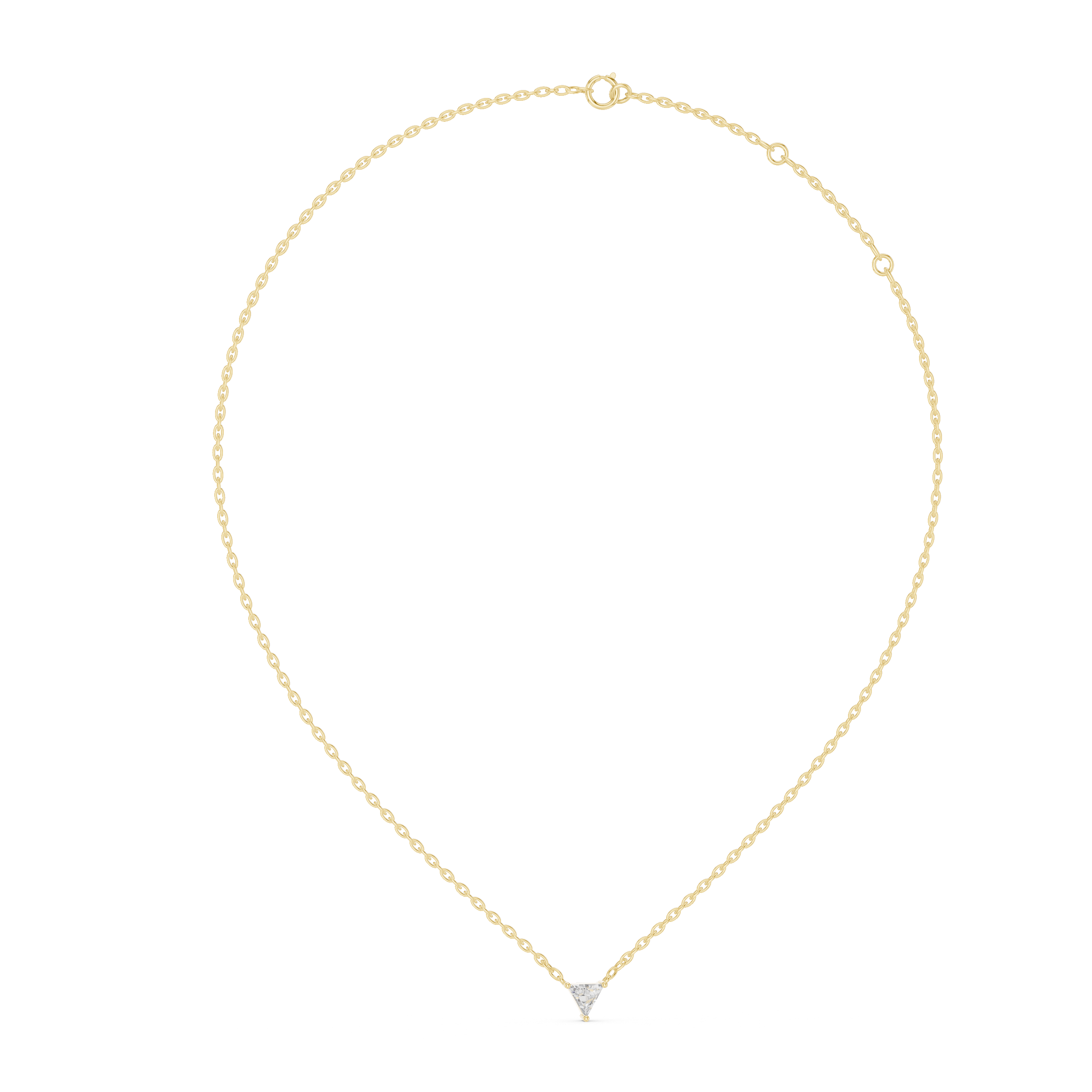 Gold necklace with a small diamond pendant on a white background
