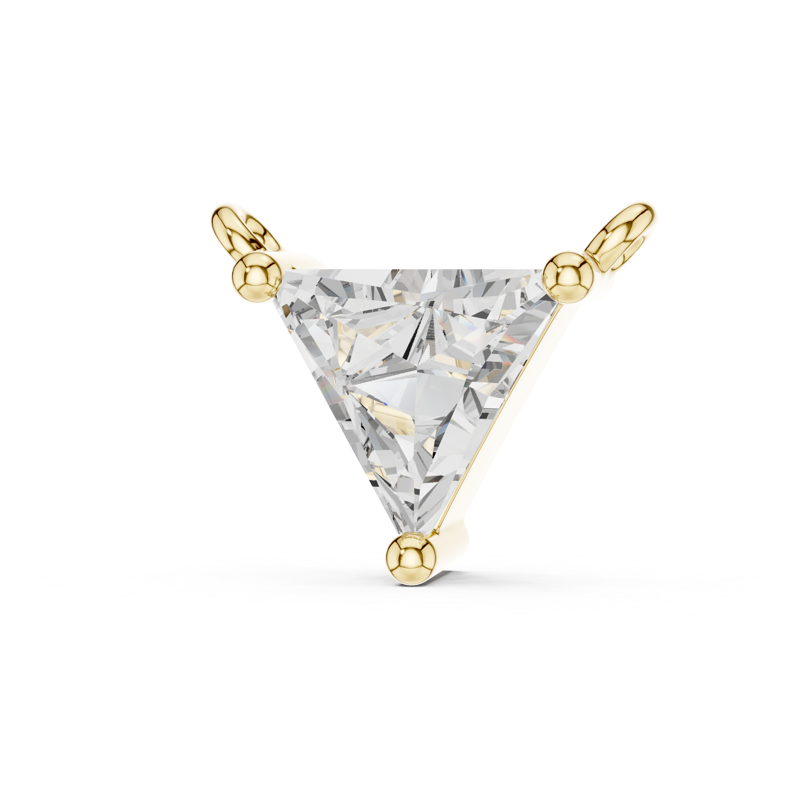 Triangular diamond pendant with gold prongs on a white background