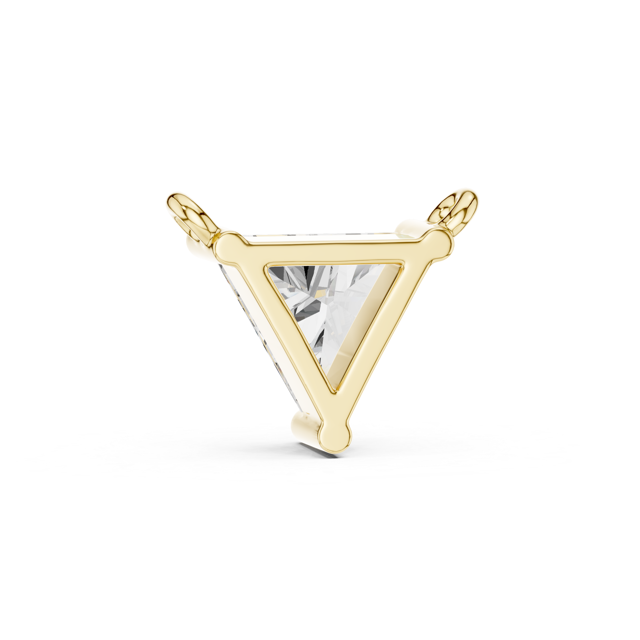 Gold triangle-shaped pendant with a clear gemstone on a white background