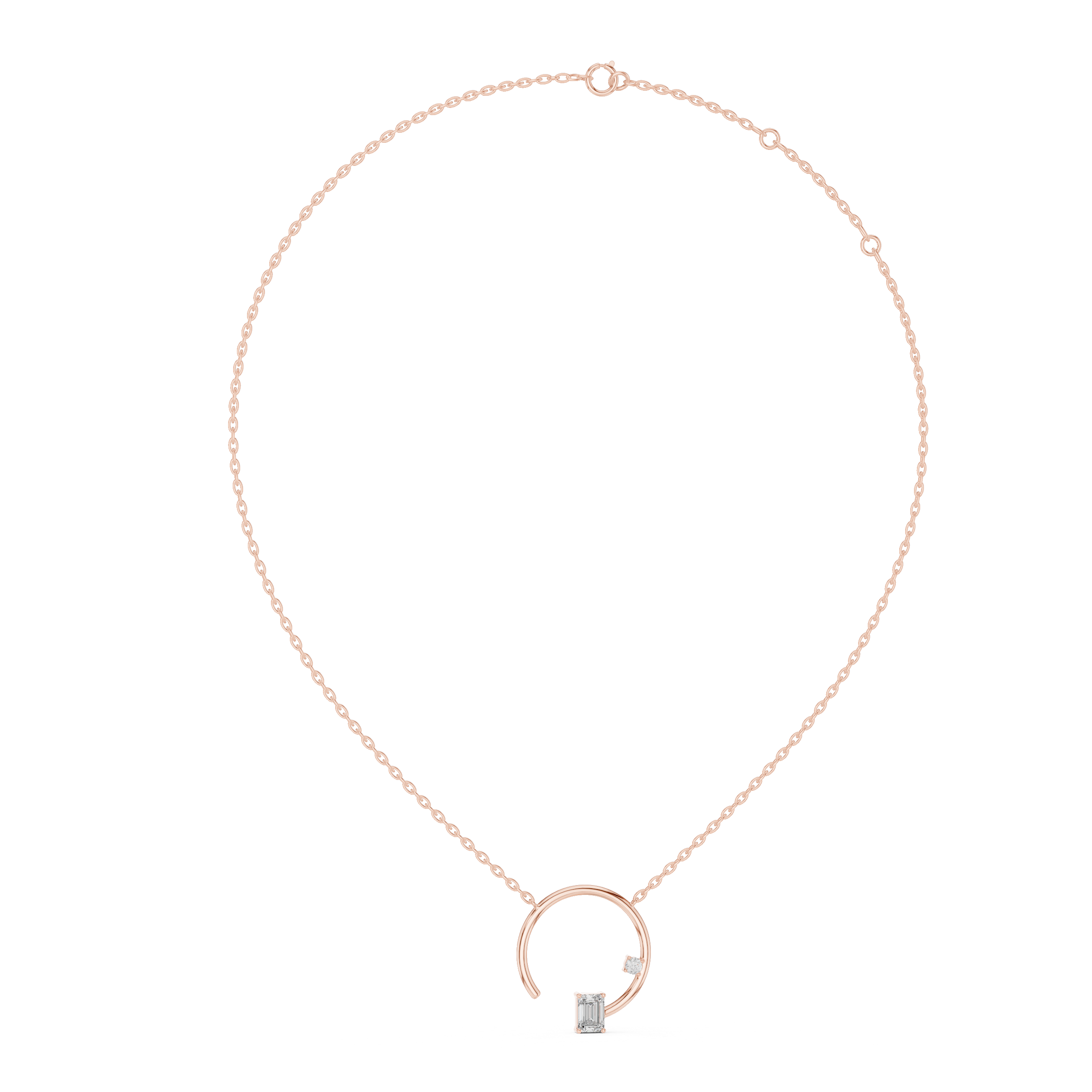 Rose gold necklace with a small diamond pendant on a white background