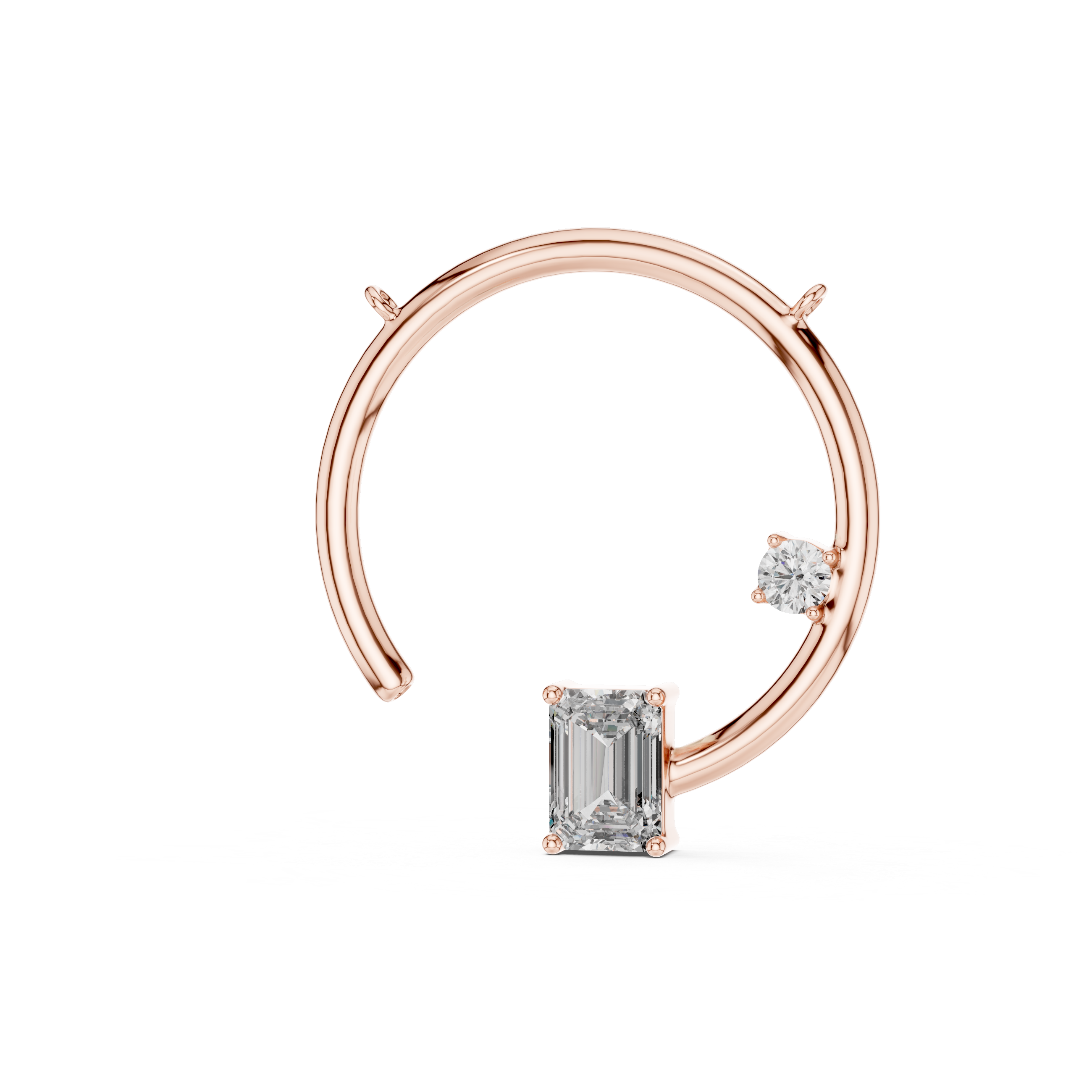 Rose gold pendant with emerald-cut gemstone on a white background