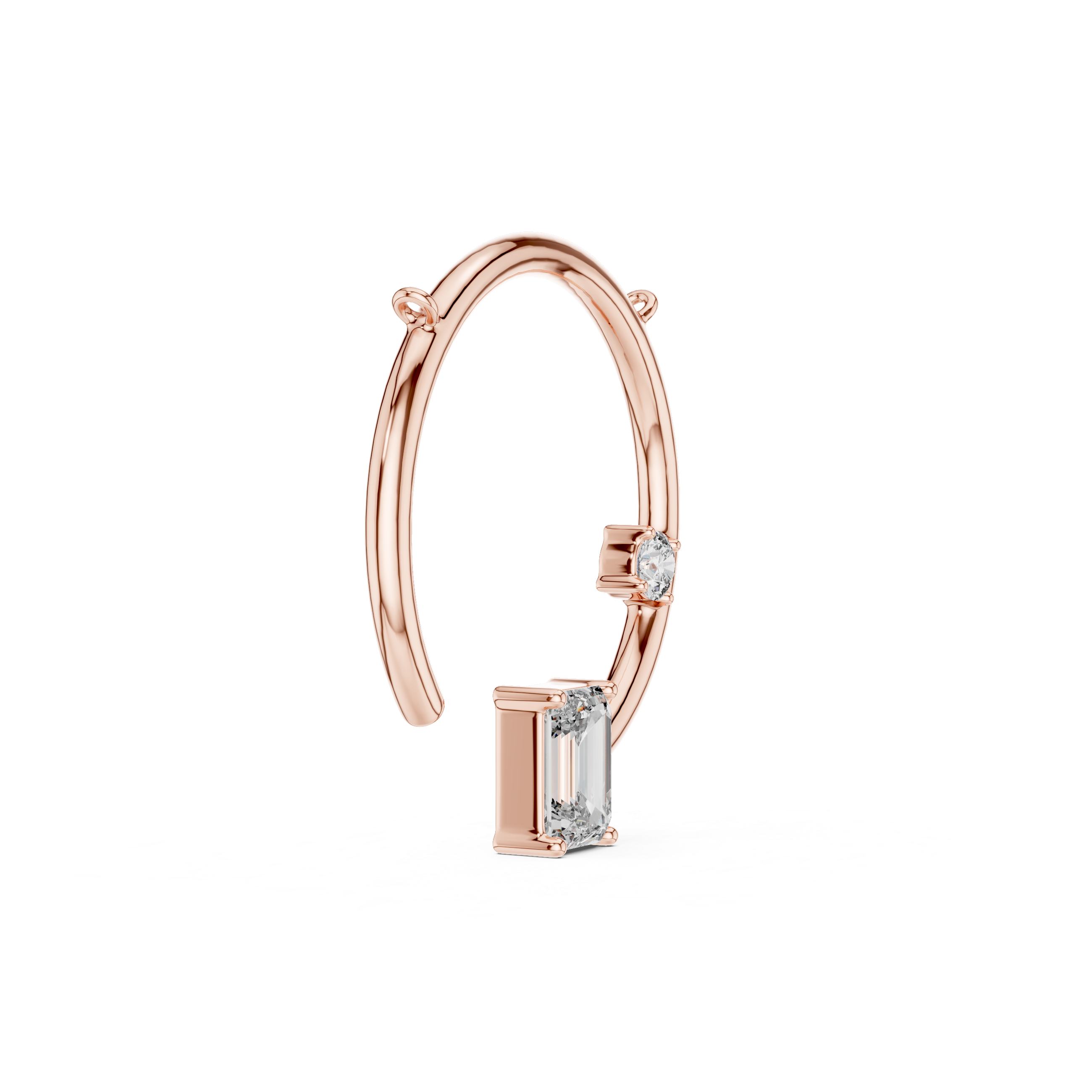 Rose gold pendant  with embedded diamonds on a white background