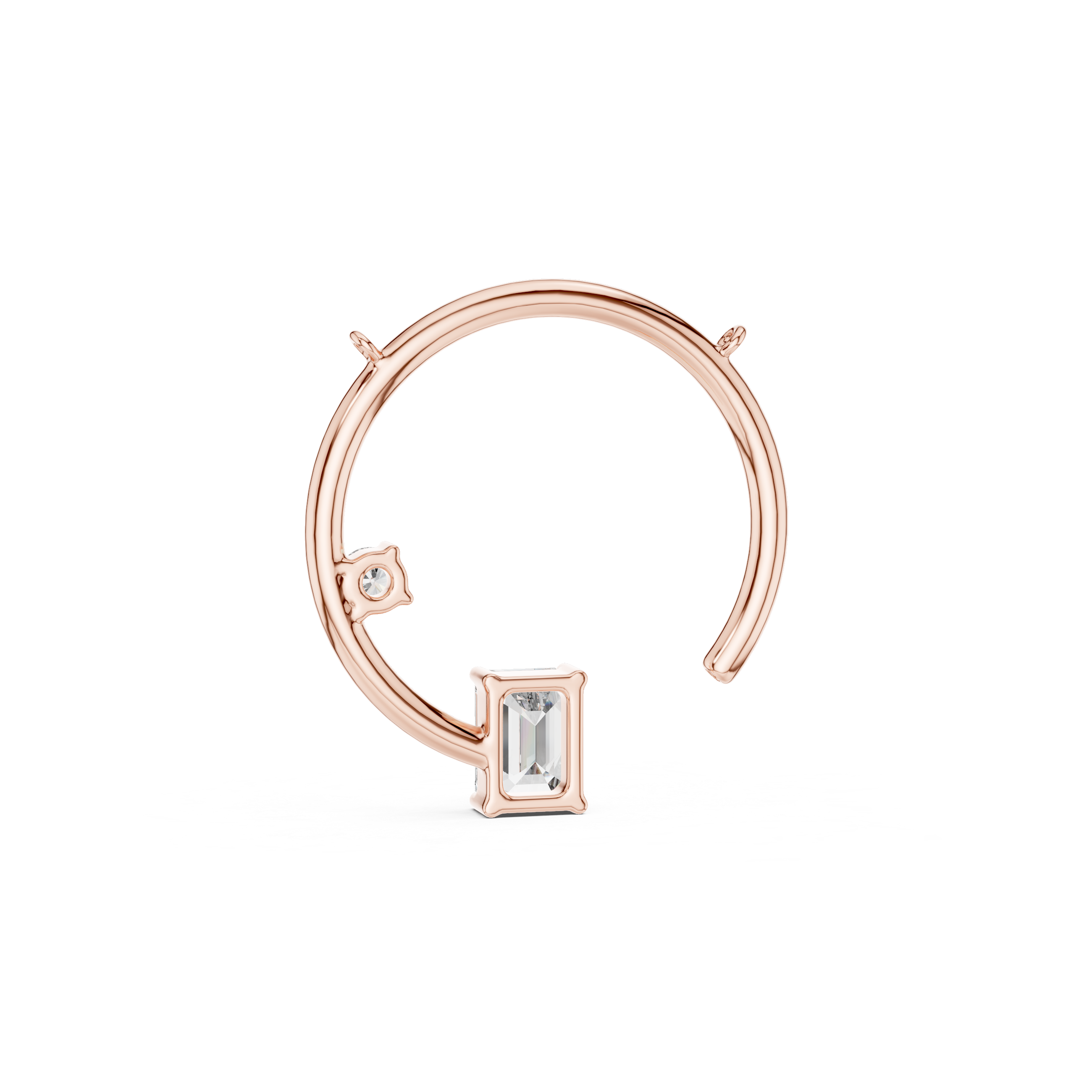 Rose gold hoop pendant with gemstones on a white background