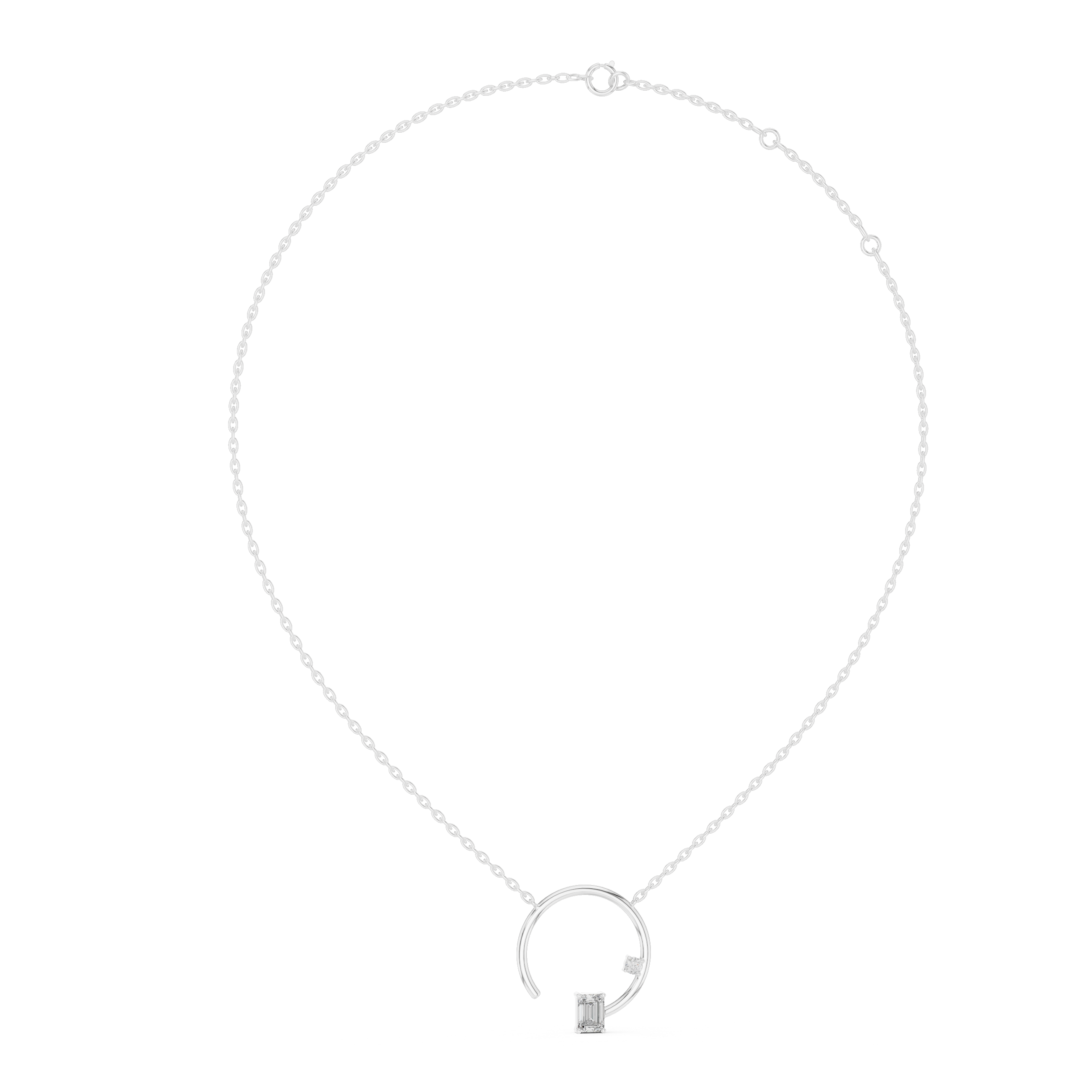 Silver necklace with a small square pendant on a white background