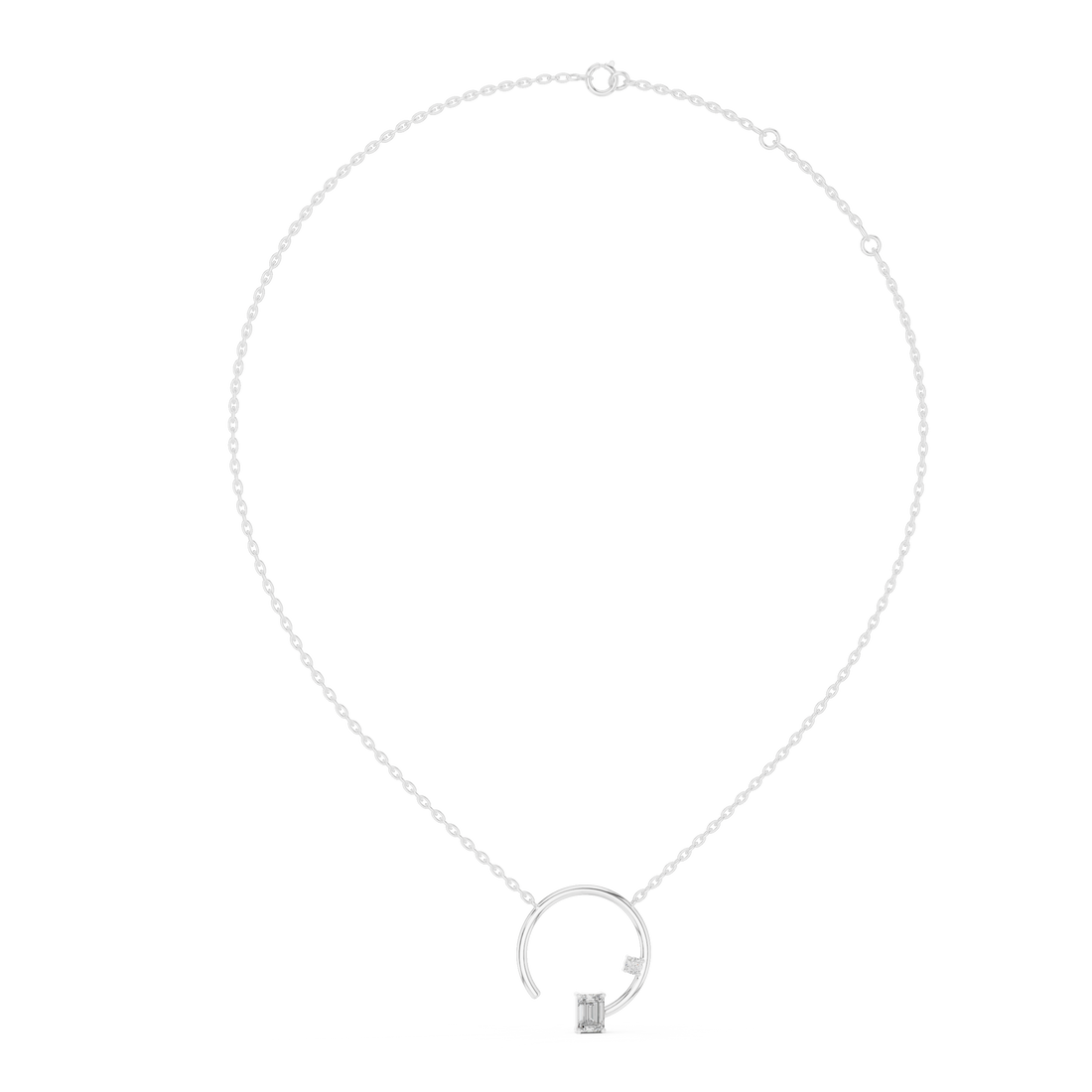 Charm Open Circle Single 1-CT Baguette Pendant Necklace in 14-KT White Gold