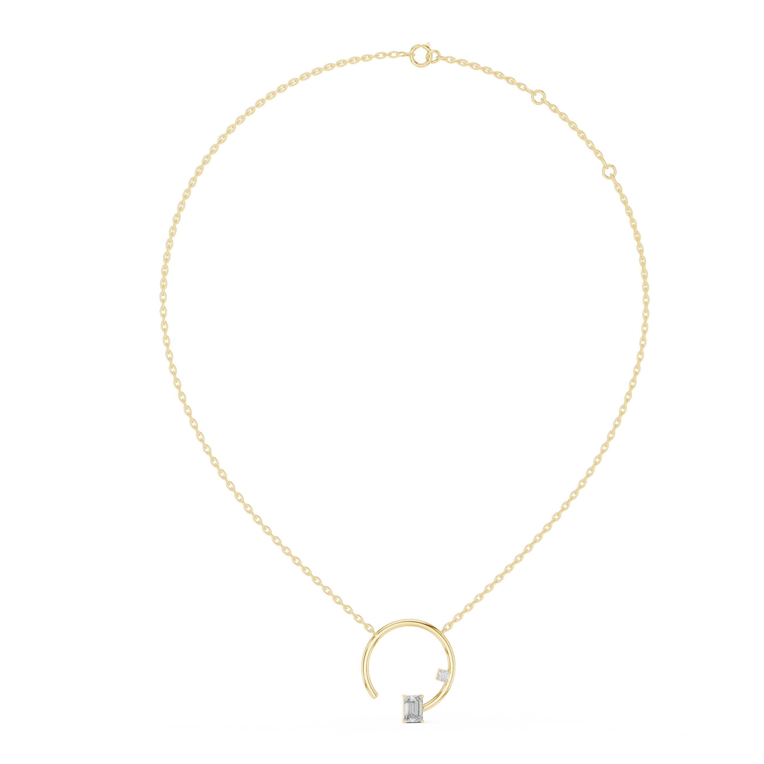 Gold necklace with a small square pendant on a white background
