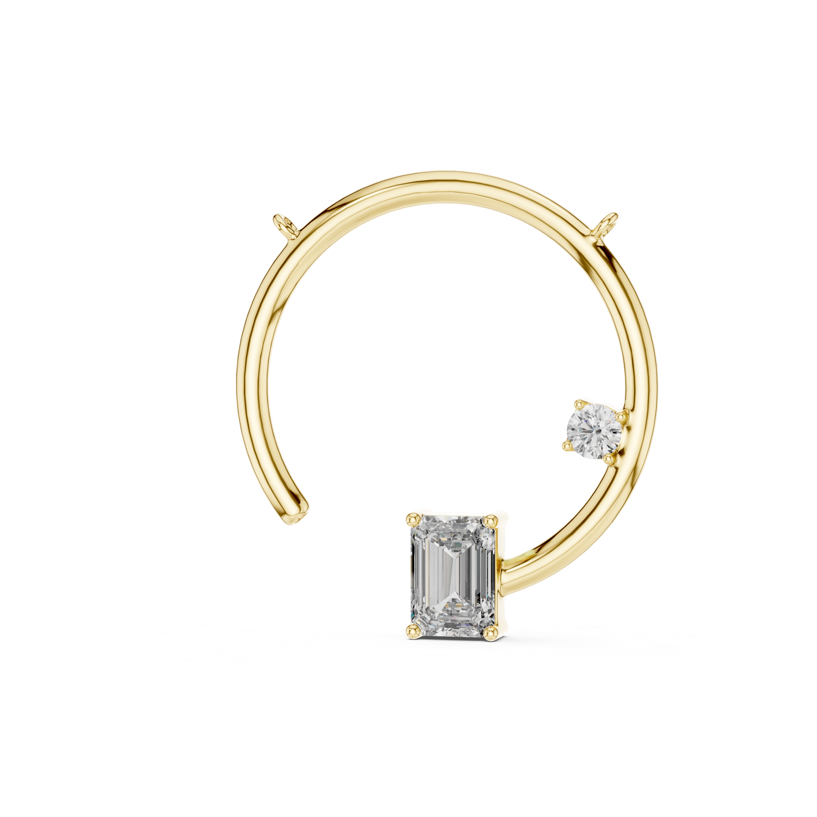 Gold pendant with a central diamond and smaller diamond on a white background