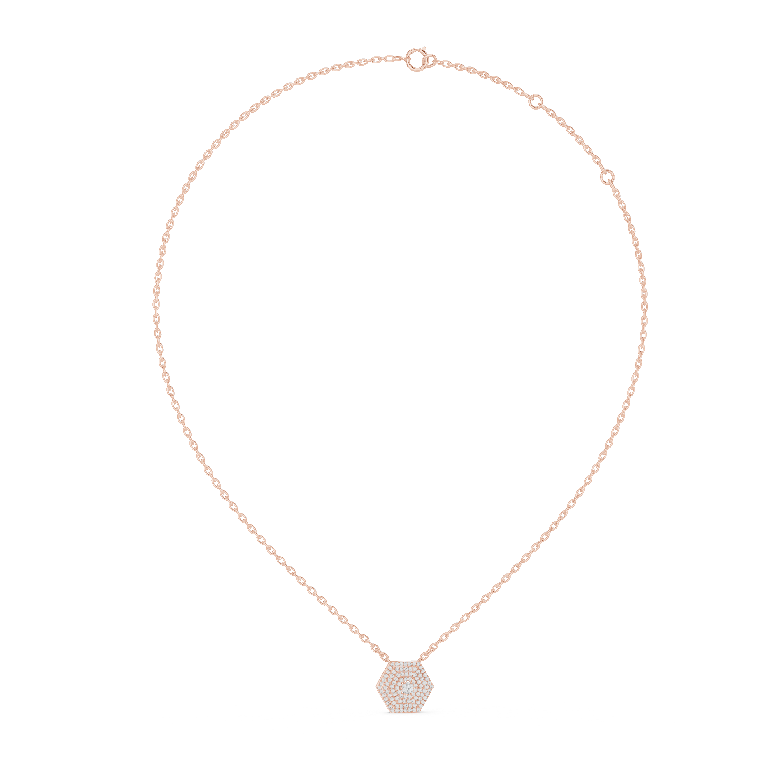 Rose gold necklace with a hexagonal pendant on a white background