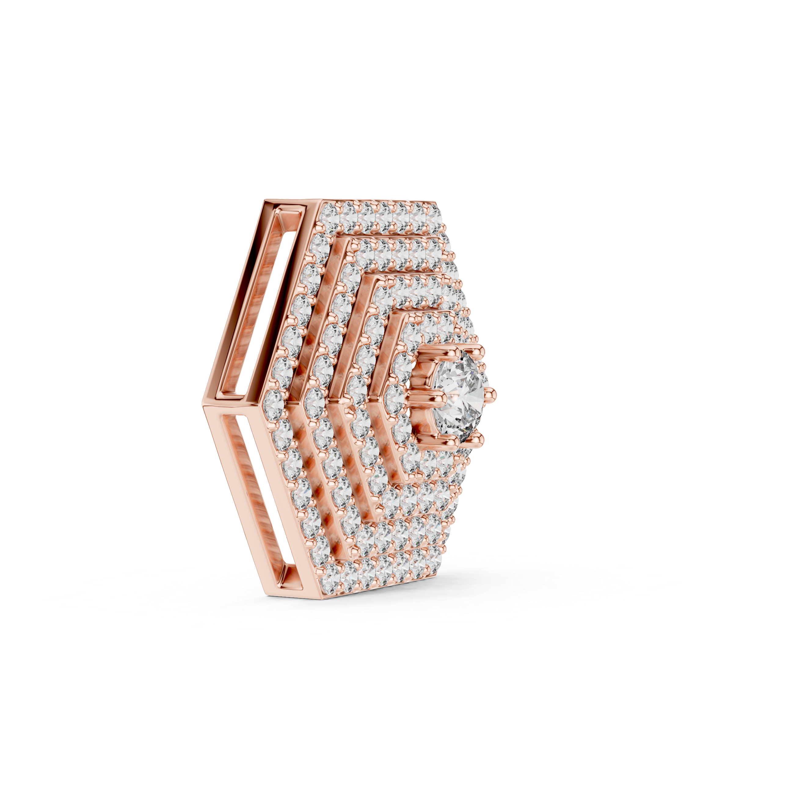 Rose gold and diamond-encrusted hexagonal ring on a white background