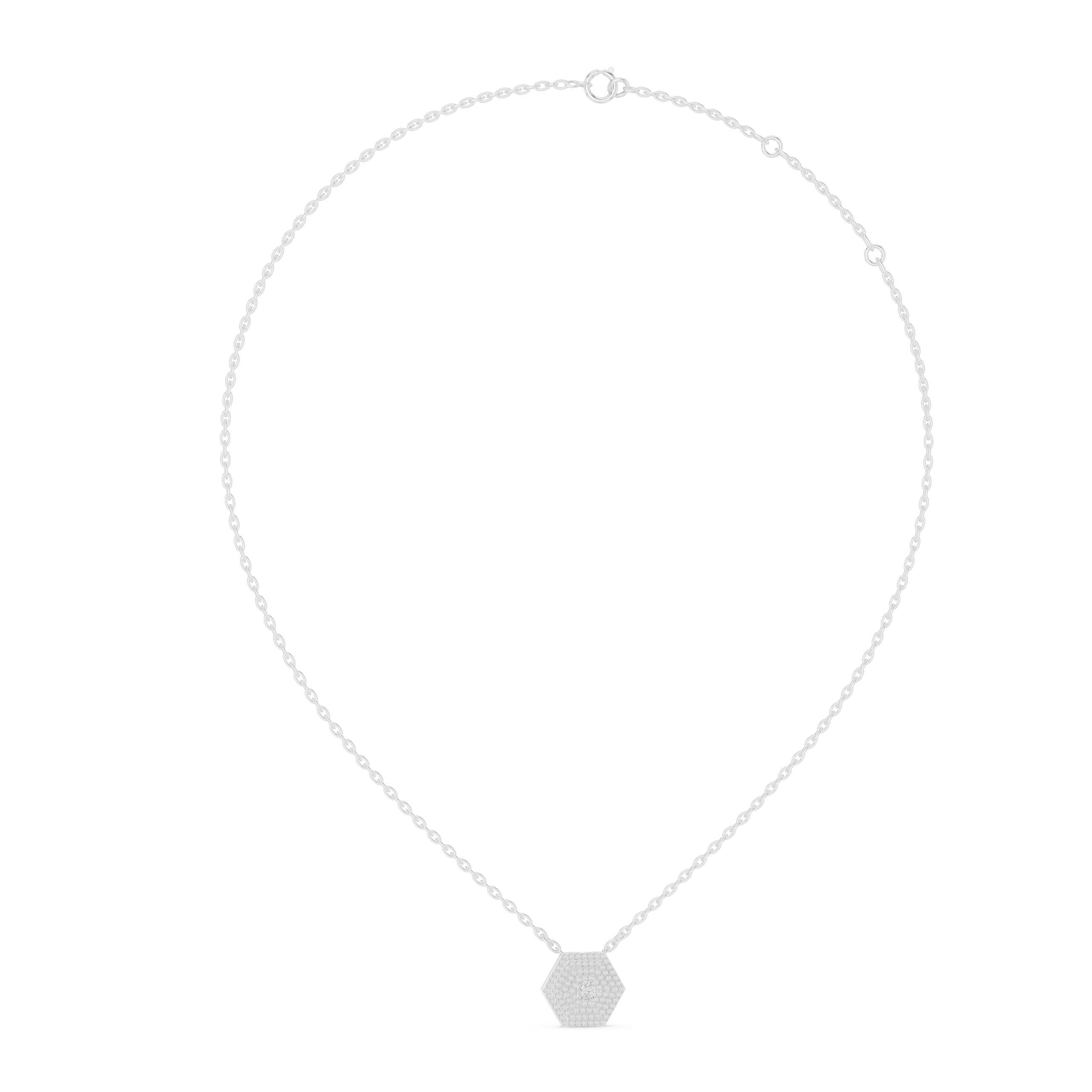 Silver necklace with a hexagonal pendant on a white background