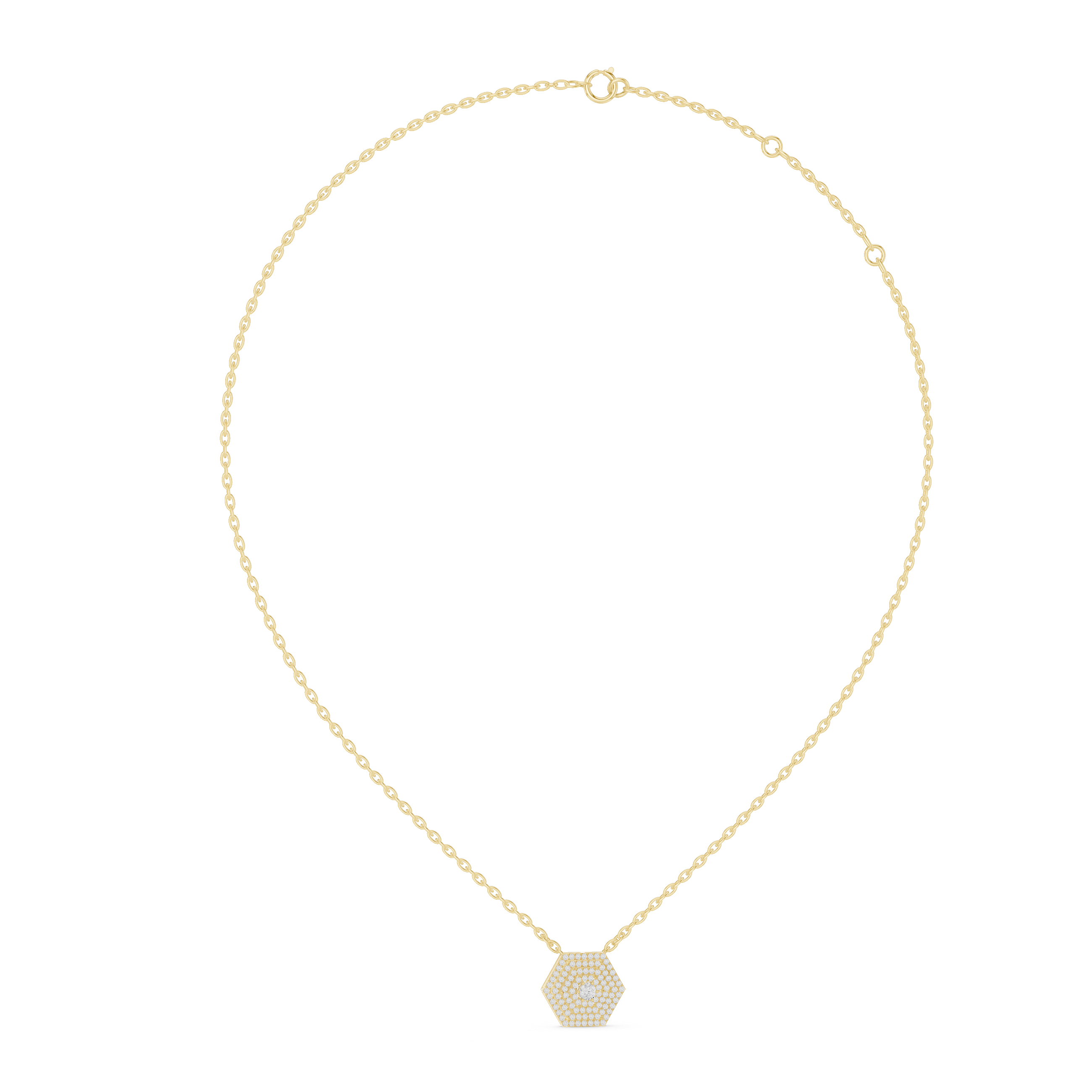 Gold necklace with a hexagonal pendant on a white background