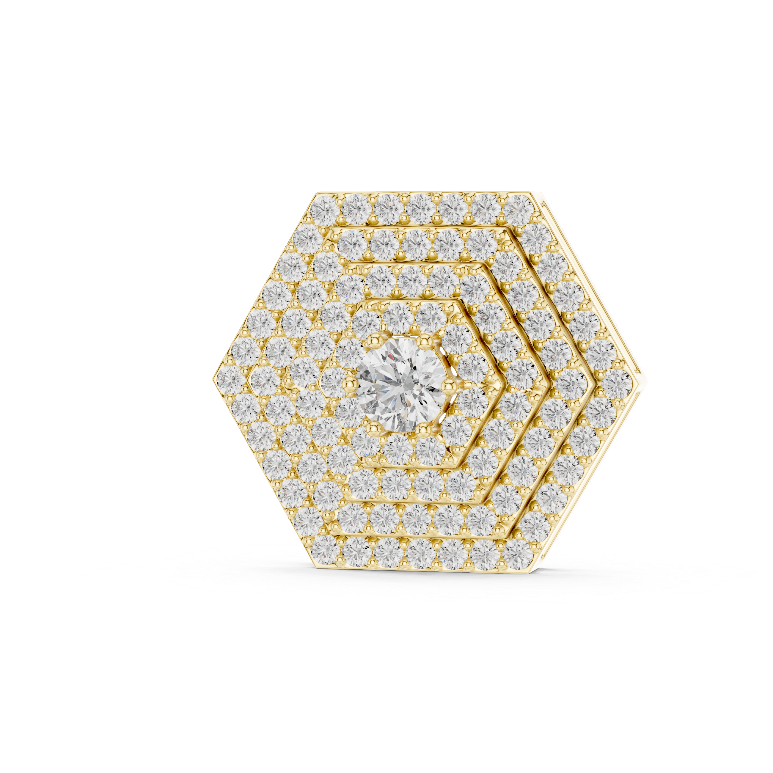Hexagonal diamond earring with gold frame on a white background