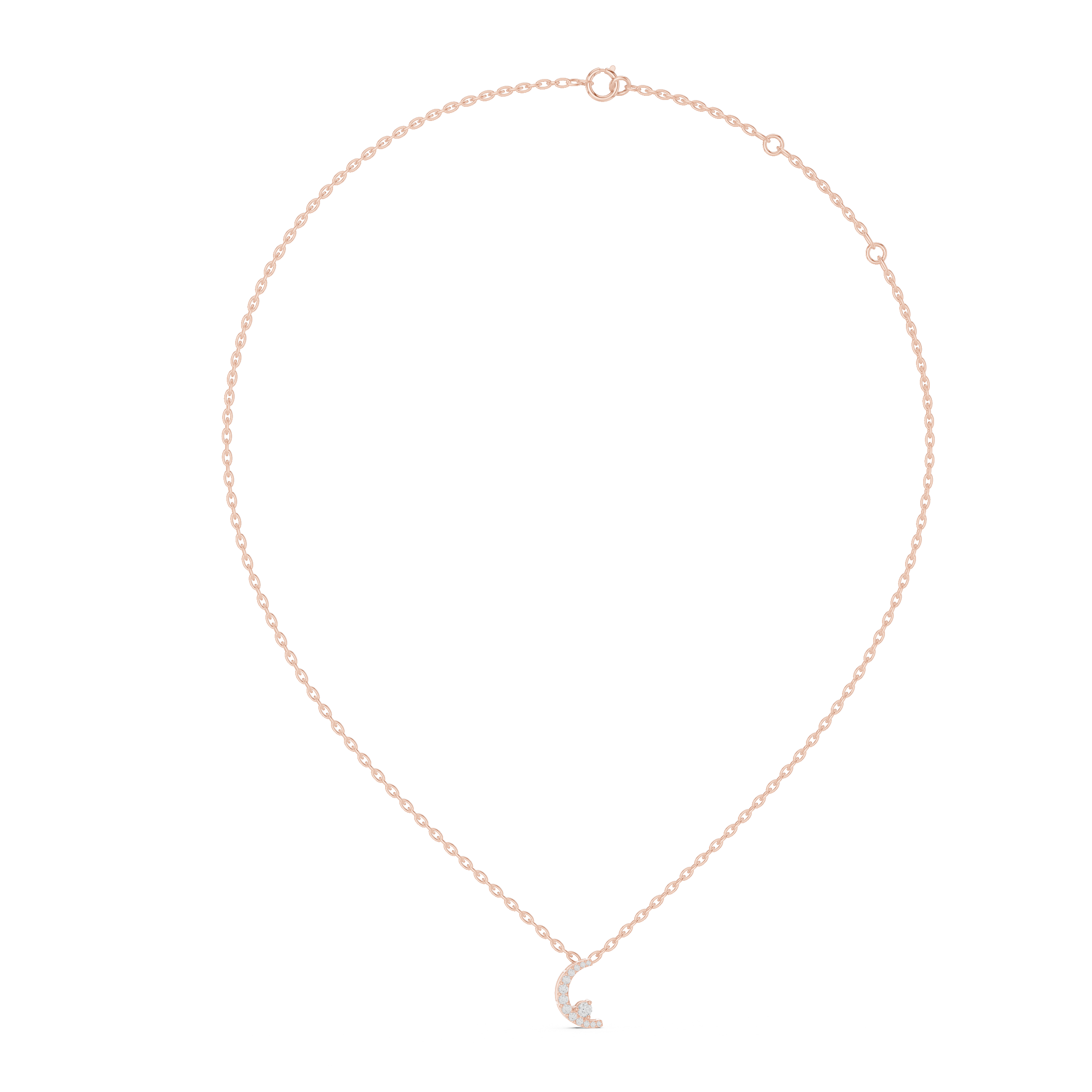 Rose gold necklace with a small heart pendant on a white background