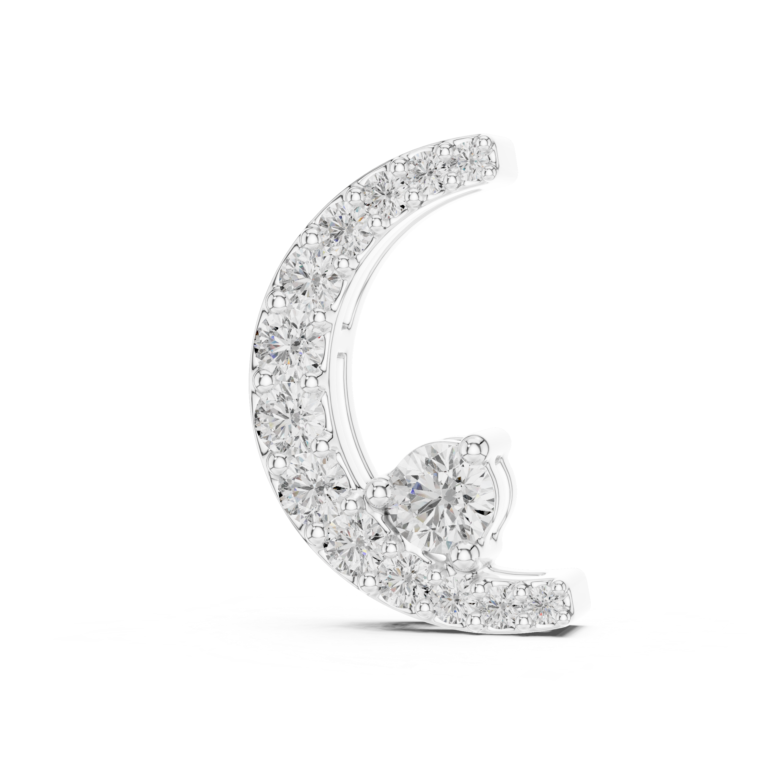 Silver crescent moon earring with clear gemstones on a white background