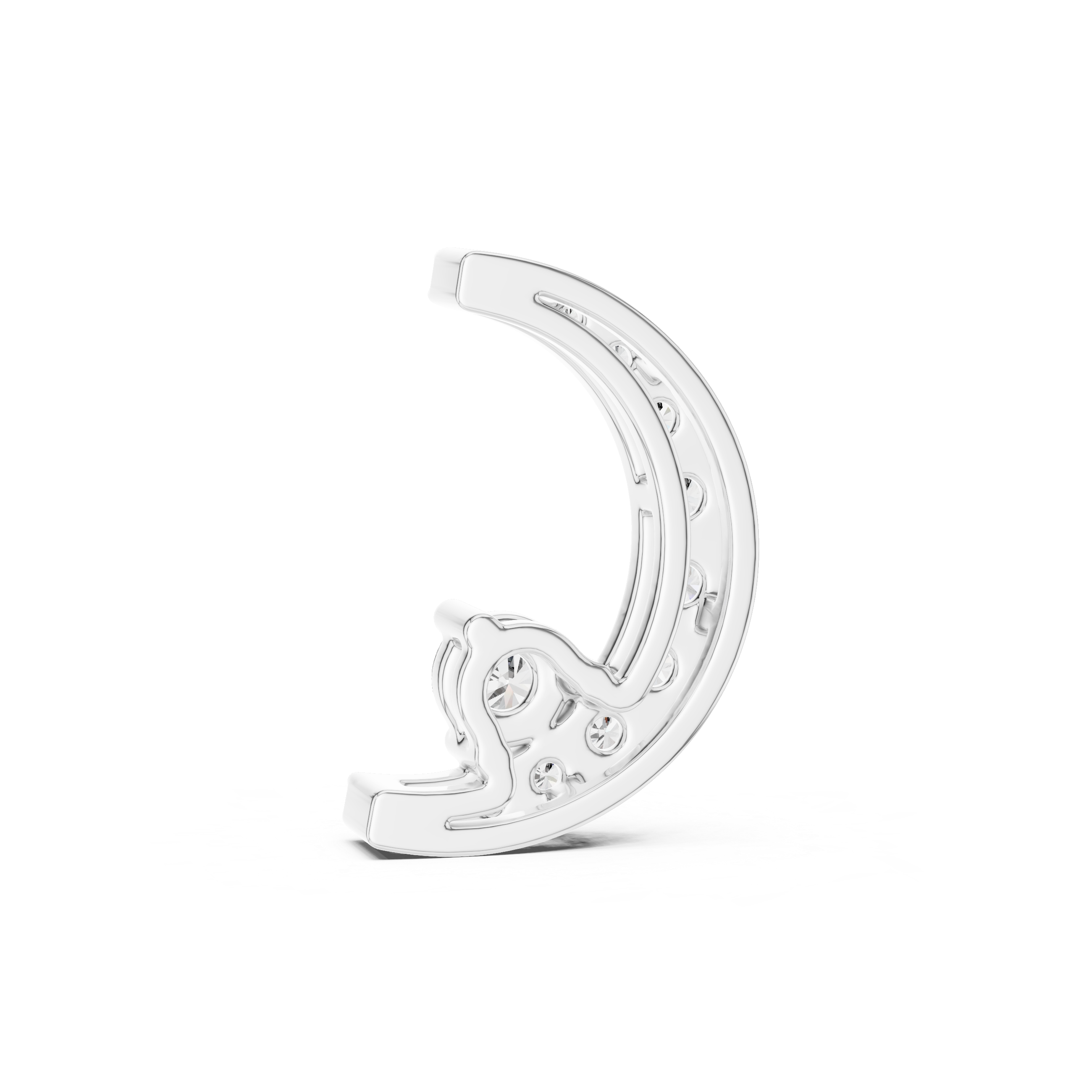 Silver crescent moon-shaped jewelry piece on a white background