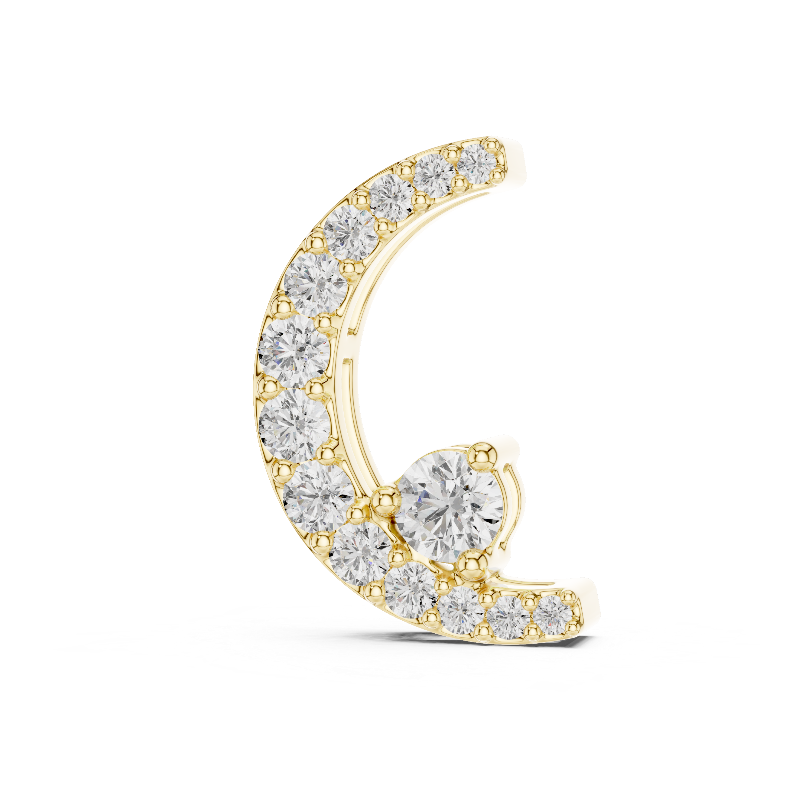 Gold and diamond crescent moon earring on a white background