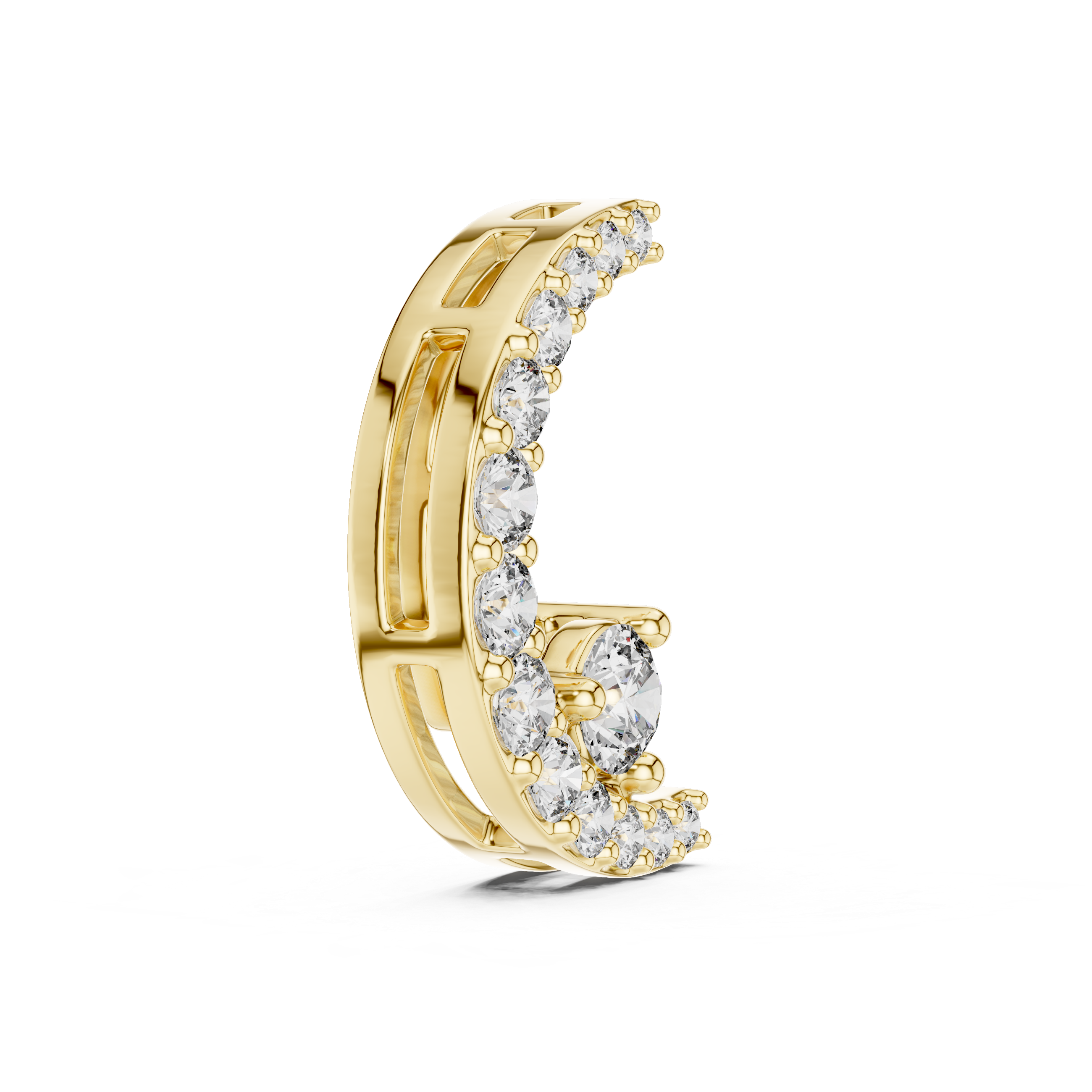 Gold earring with clear gemstones on a white background