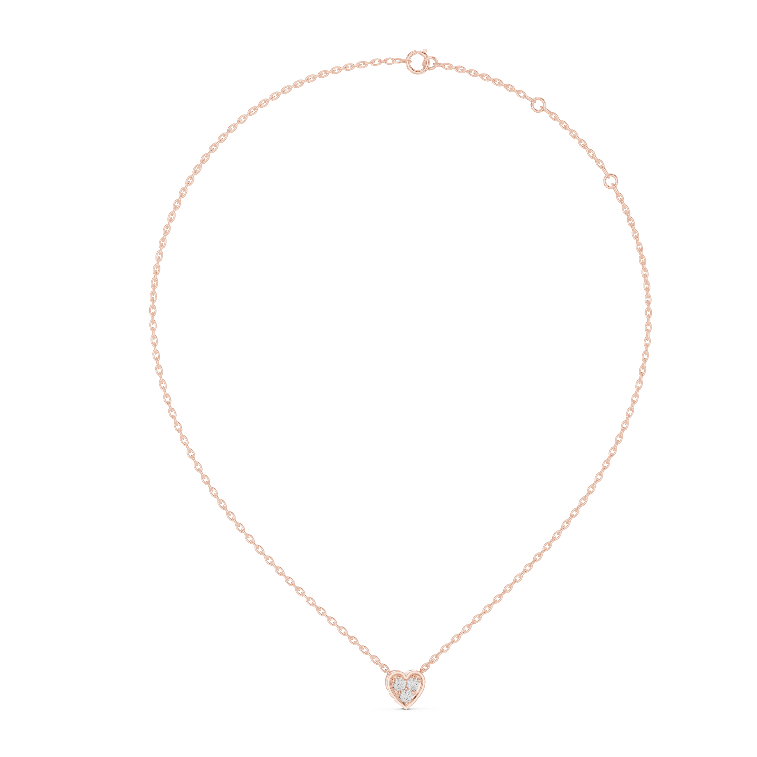 Rose gold necklace with a heart-shaped pendant on a white background