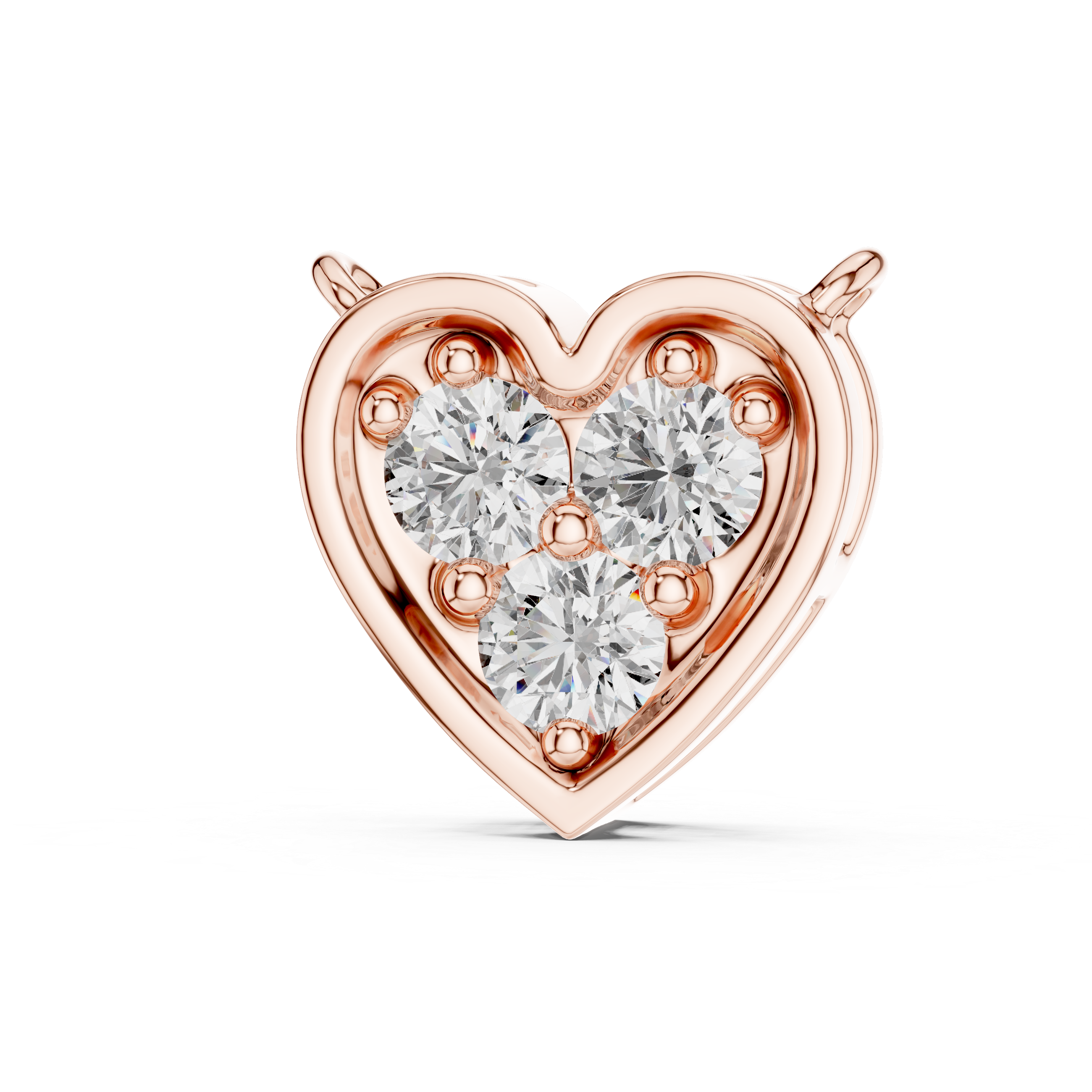 Rose gold heart-shaped earring with clear gemstones on a white background