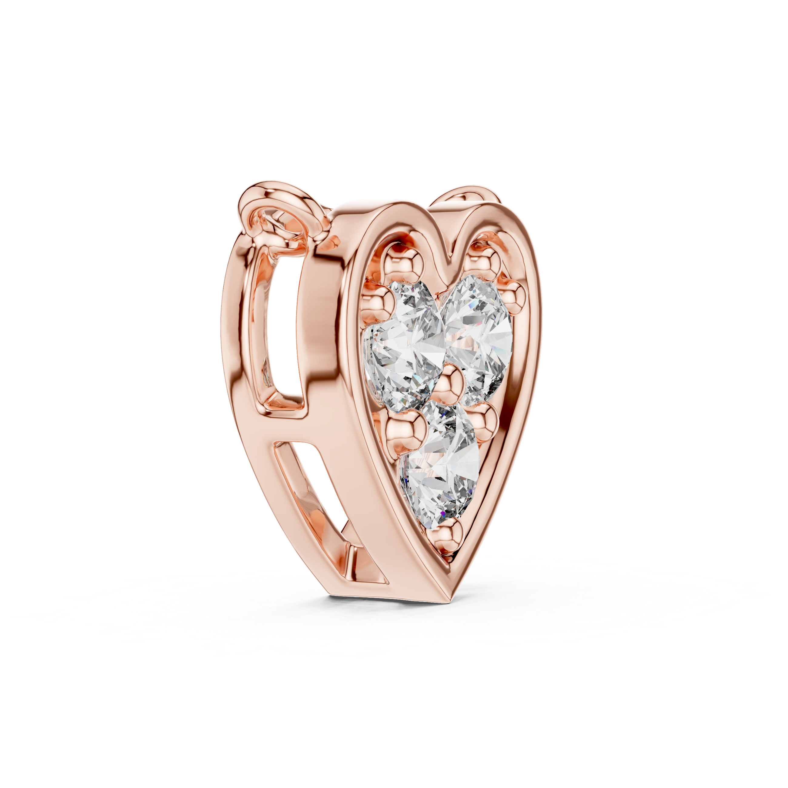 Rose gold heart-shaped earring with clear gemstones on a white background