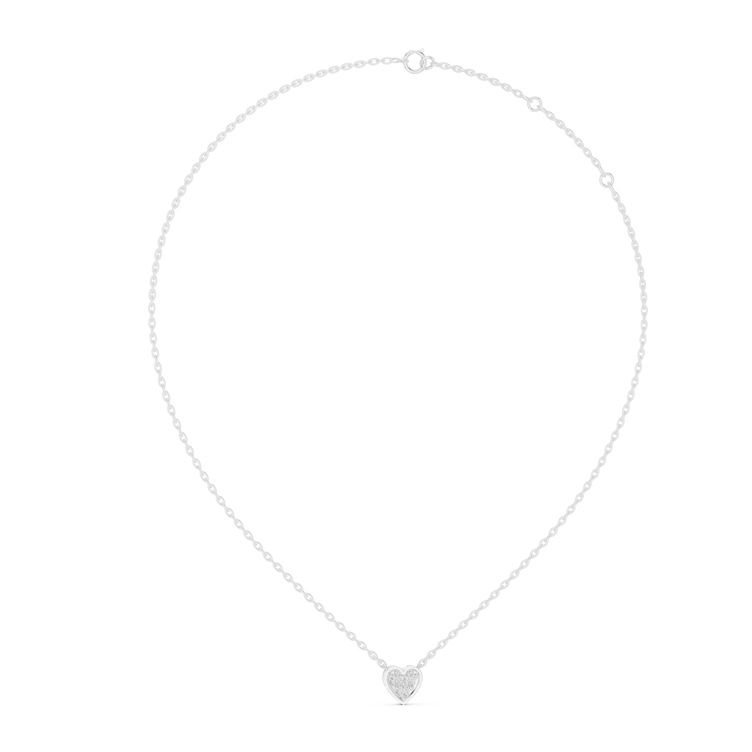 Silver necklace with a heart-shaped pendant on a white background