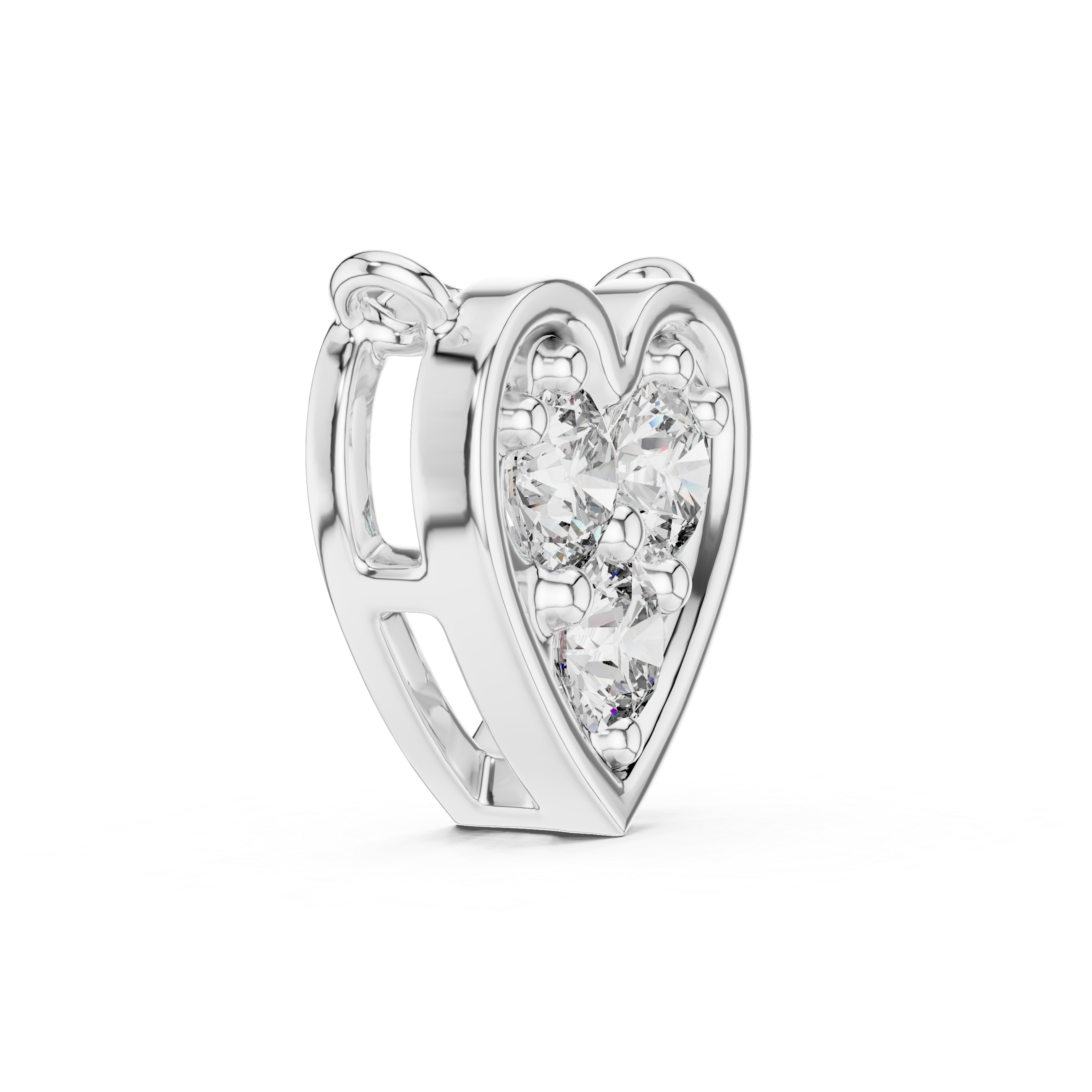 Heart-shaped silver earring with clear gemstones on a white background