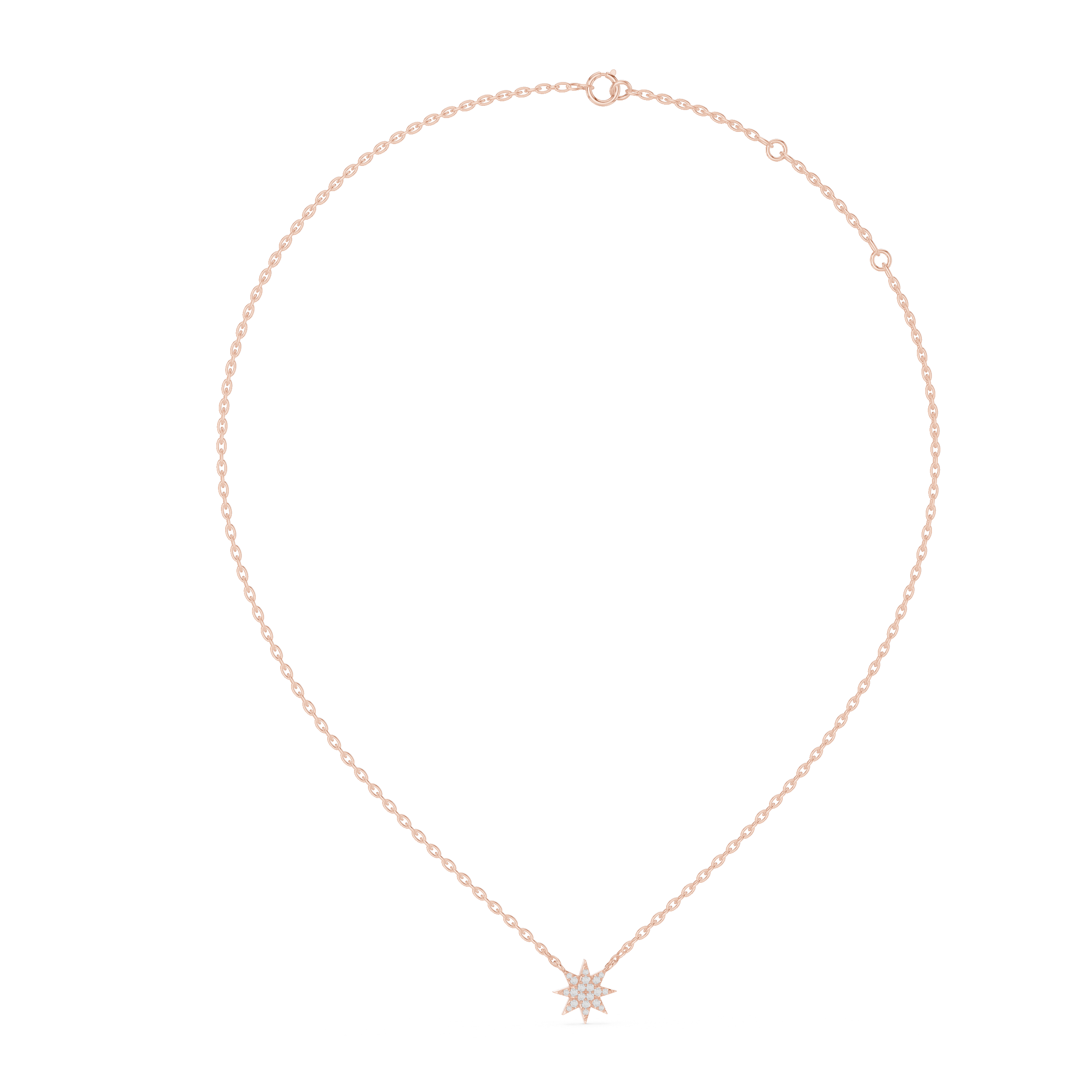 Rose gold necklace with a star-shaped pendant on a white background